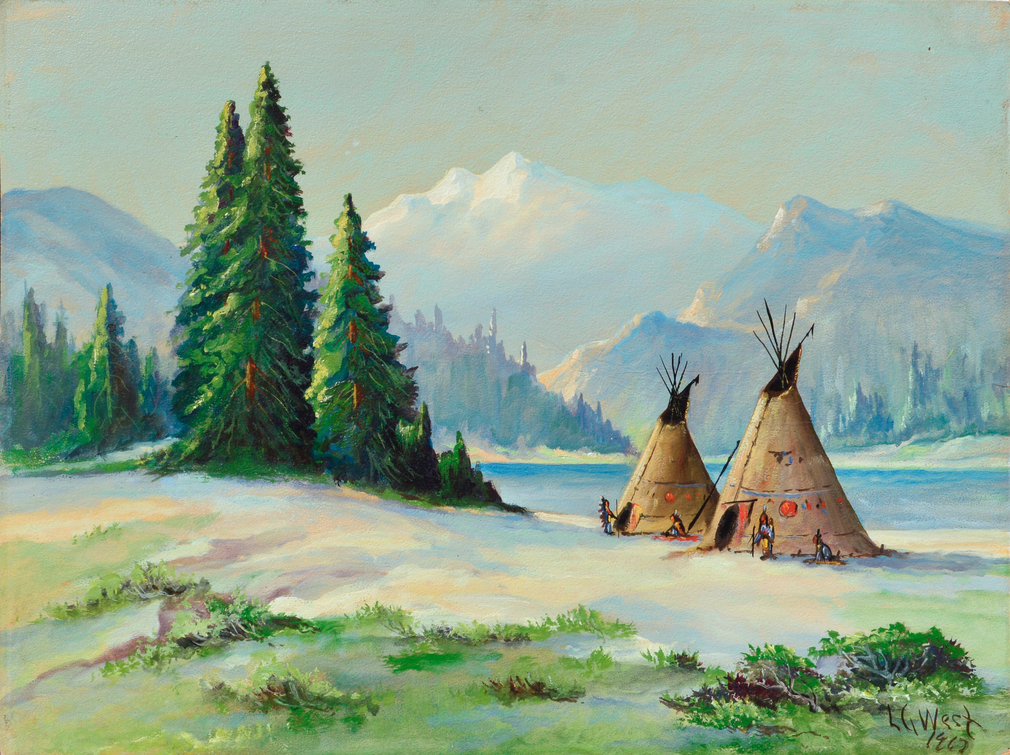 Native American Camp by the Lake - Landscape - Painting by L. G. West