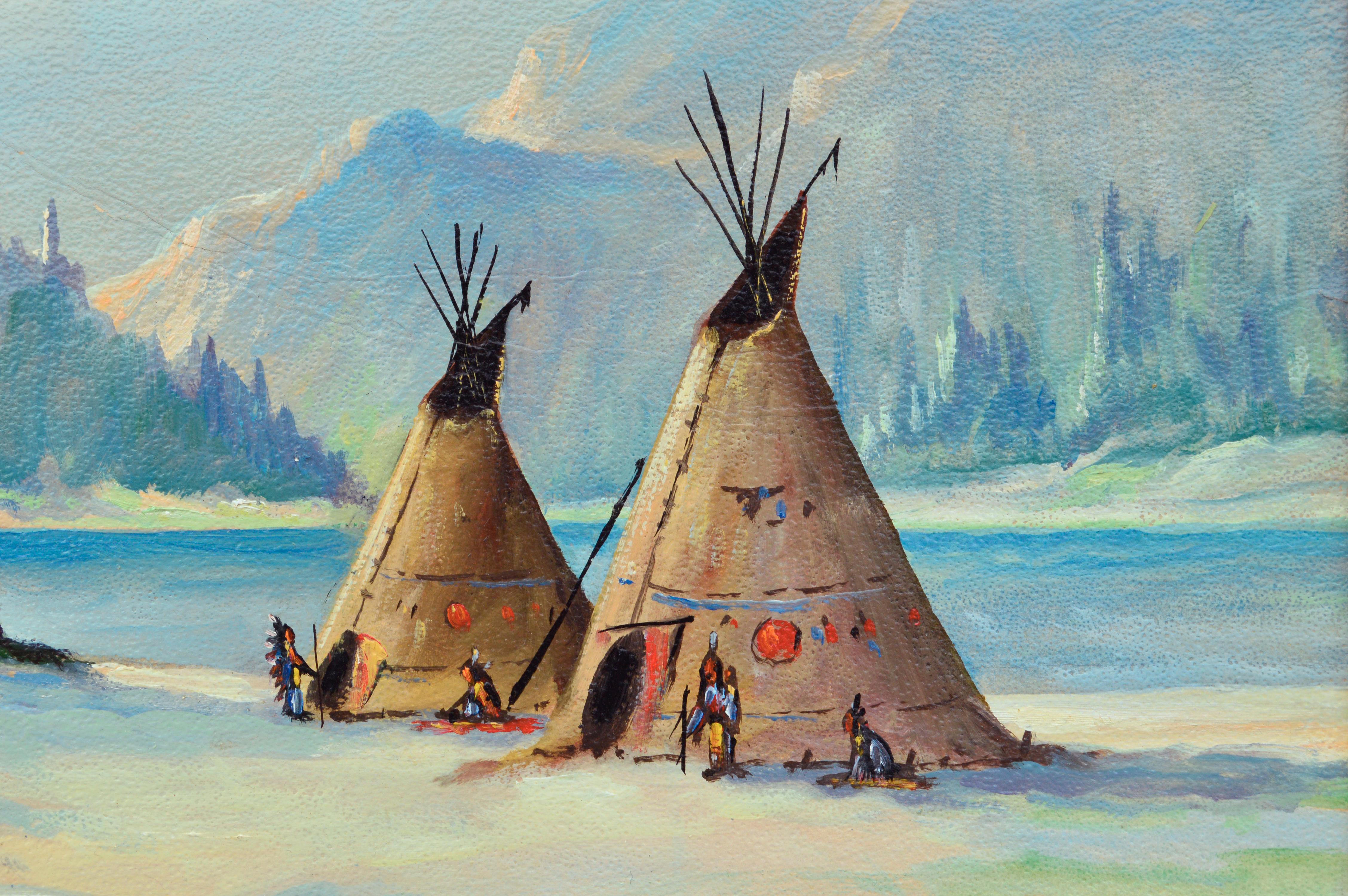 L G West Native American Camp By The Lake Landscape At 1stdibs