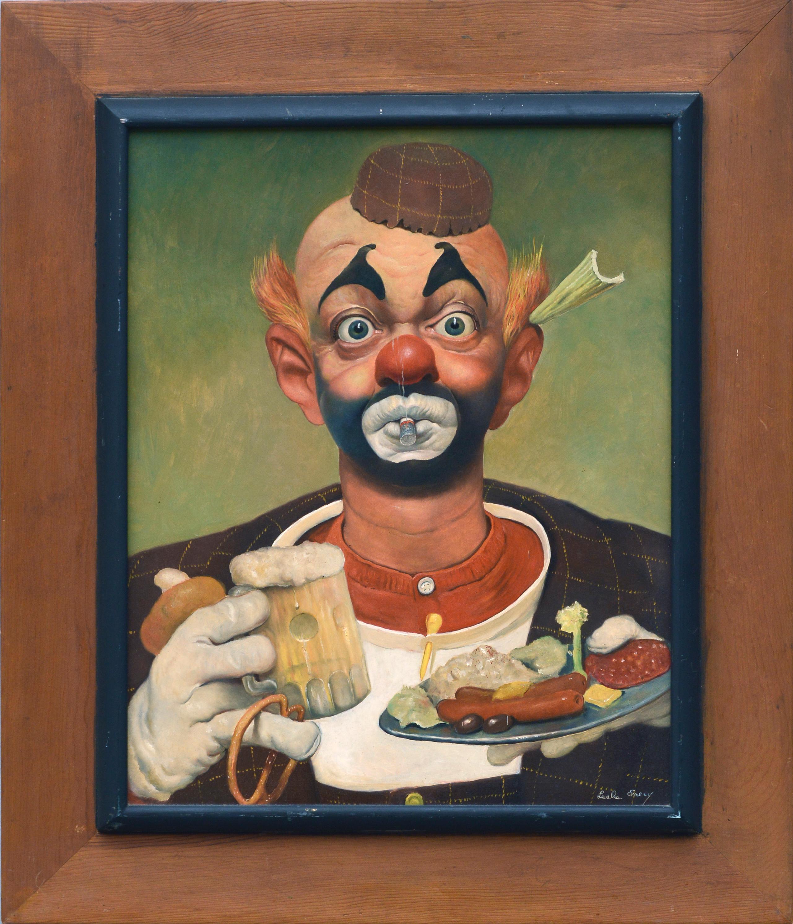 Leslie Emery Figurative Painting - "Buffet" - Portrait of a Clown with Food and Beer