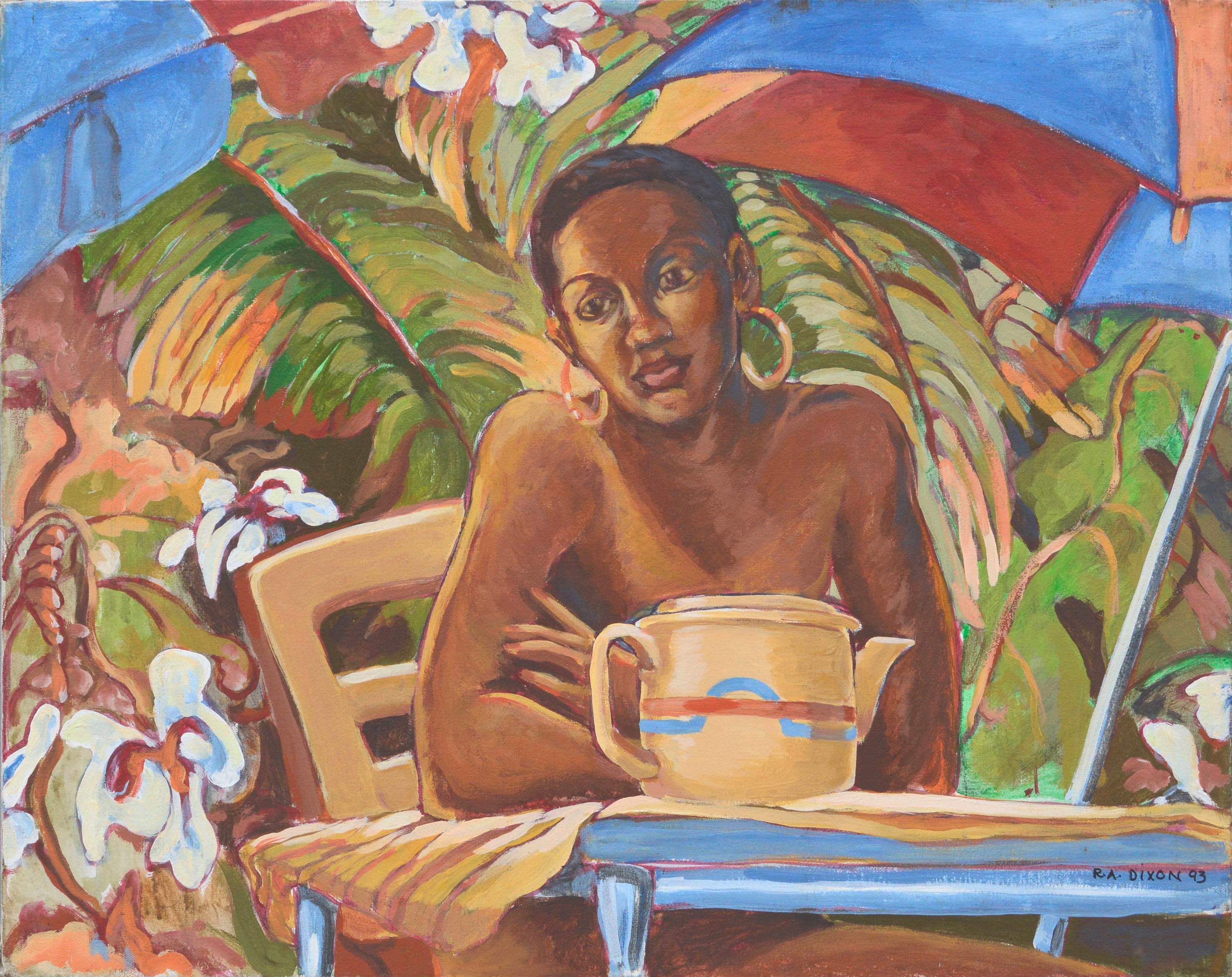 Portrait of a Woman with Teapot and Tropical Plants