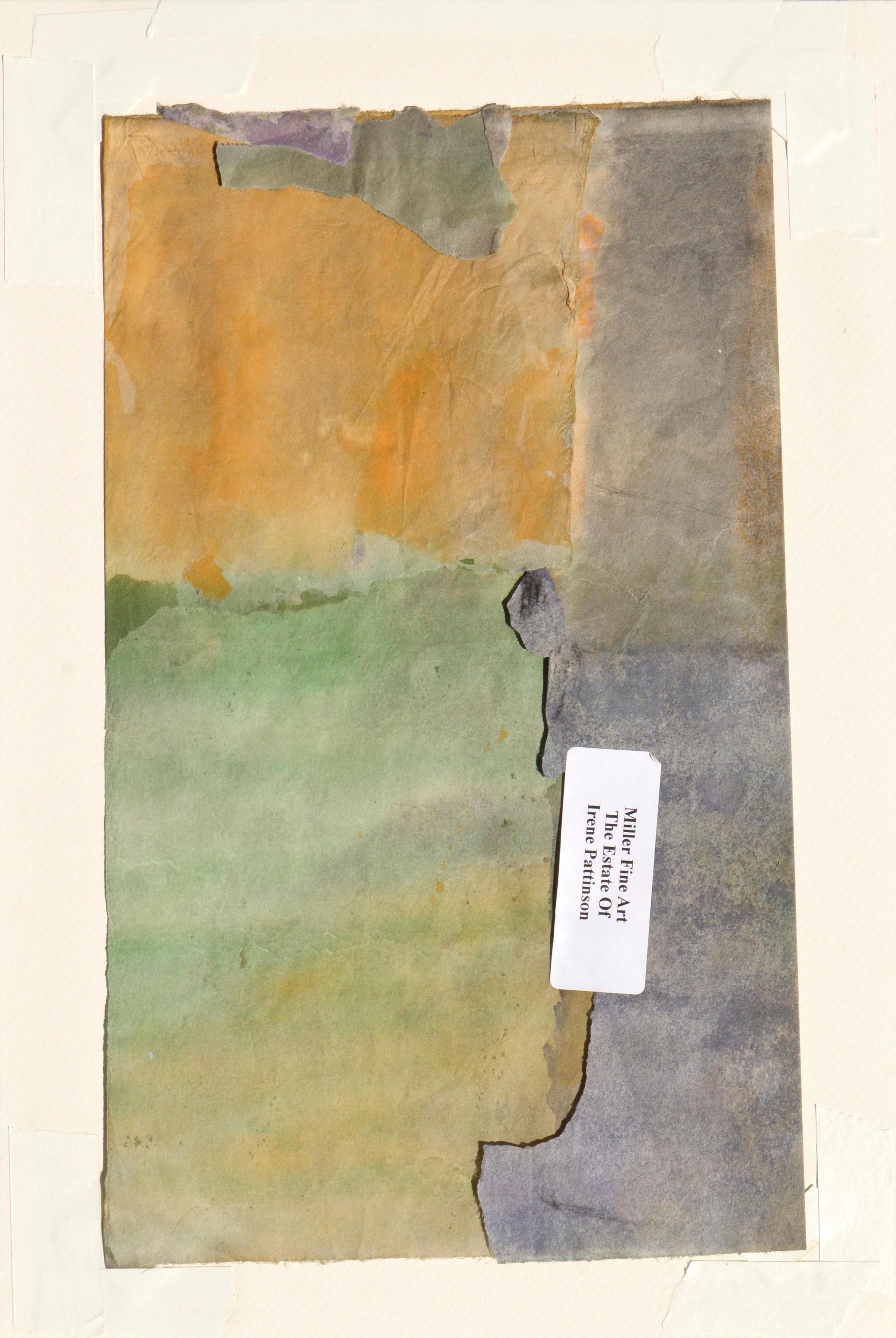 Fragment d'aquarelle abstraite représentant un coucher de soleil sur un champ par Irene Pattinson (américaine, 20e siècle). L'étiquette au verso indique 