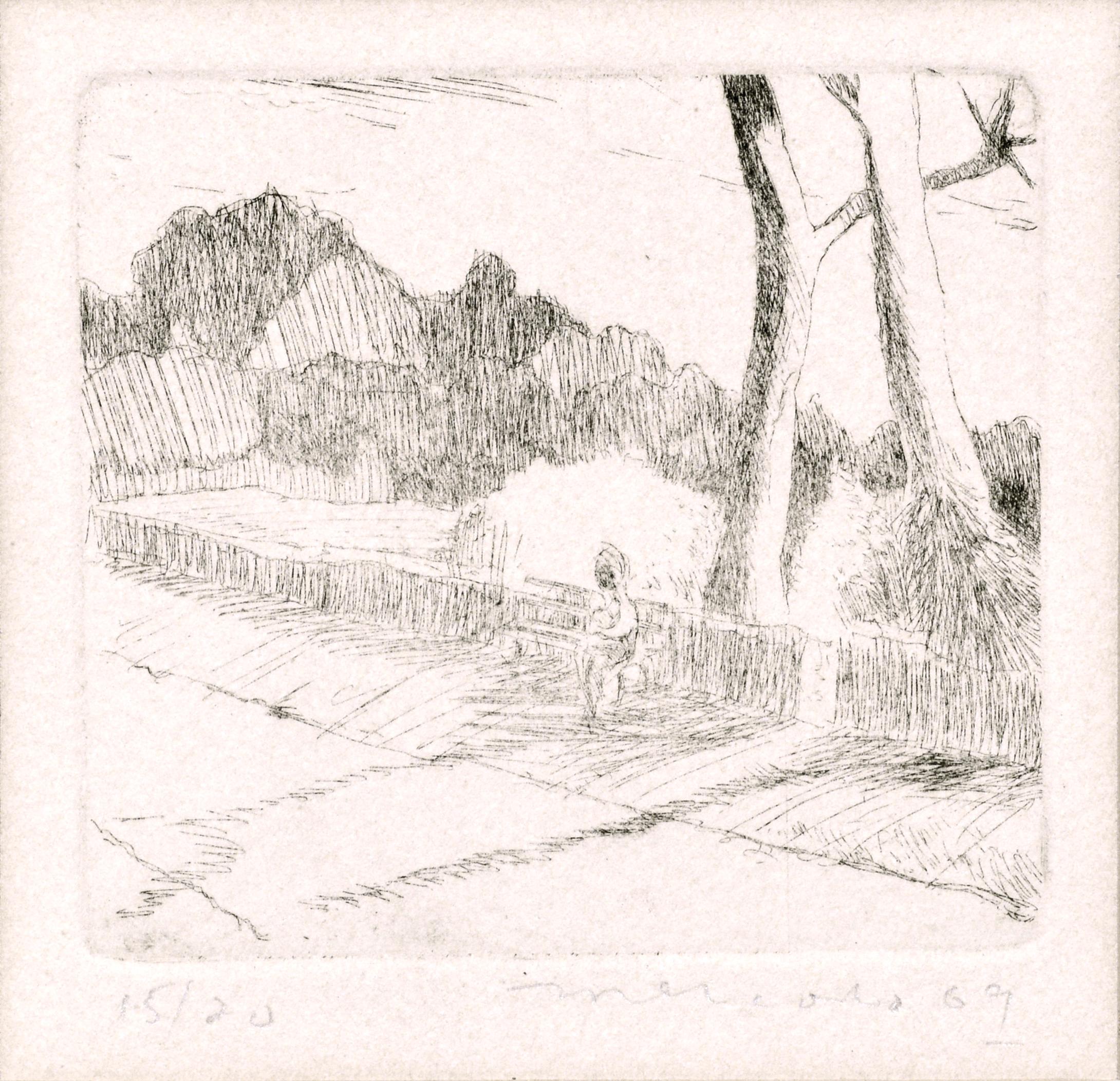 Sitting on a Park Bench - Figurative Landscape Lithograph - Print by Mercado