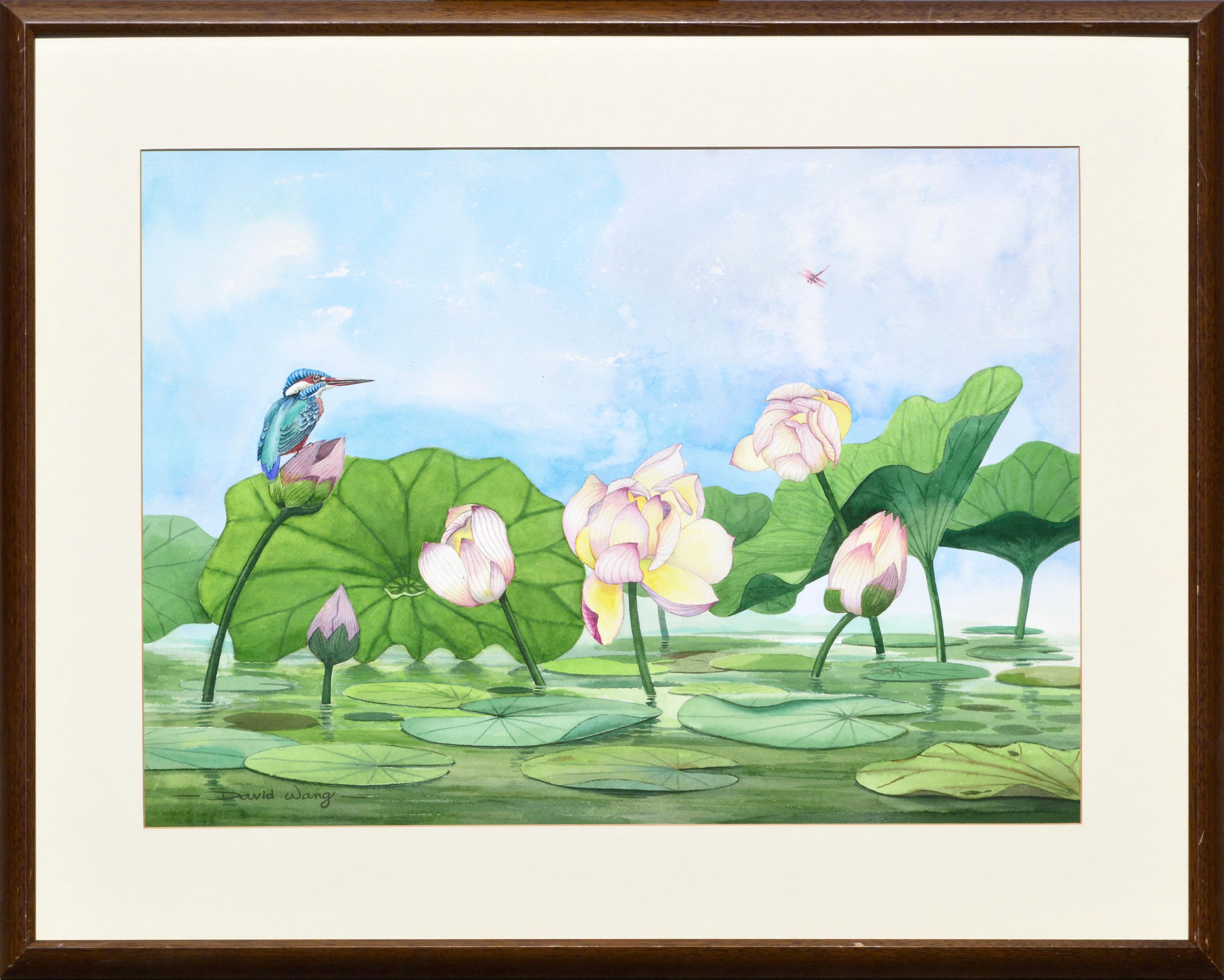 David Wang Animal Art – Lilien mit Vogelperlen auf Wasser