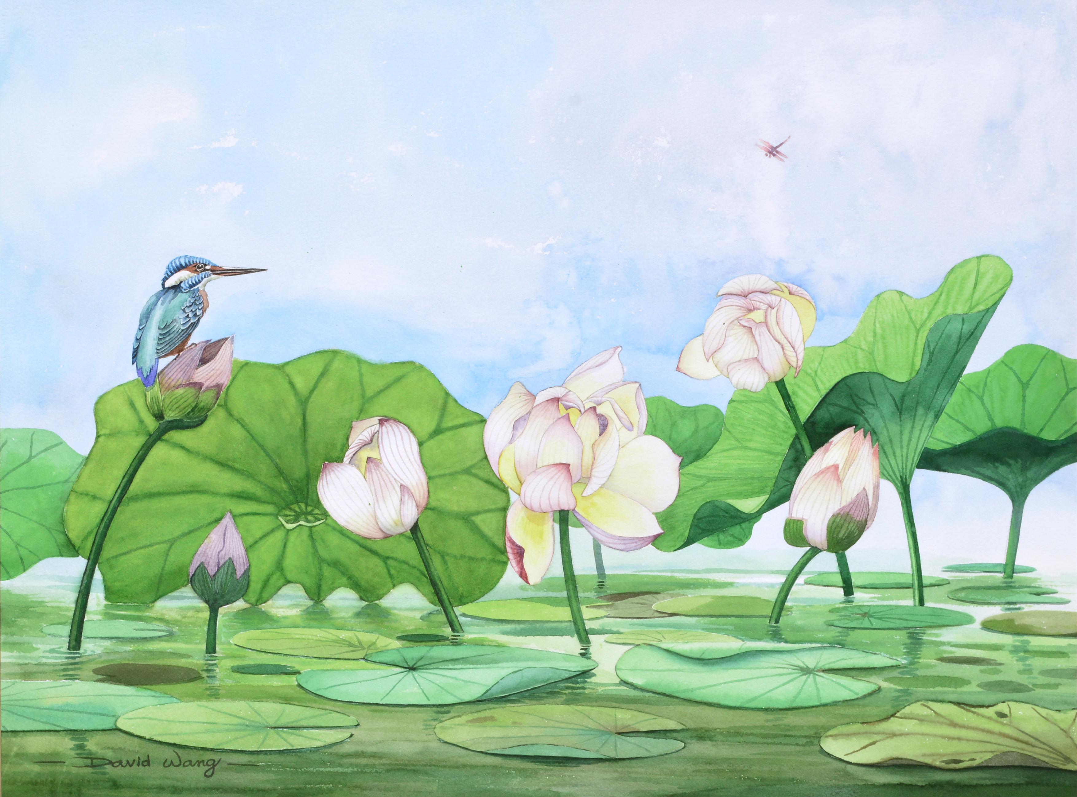 Lilien mit Vogelperlen auf Wasser – Art von David Wang