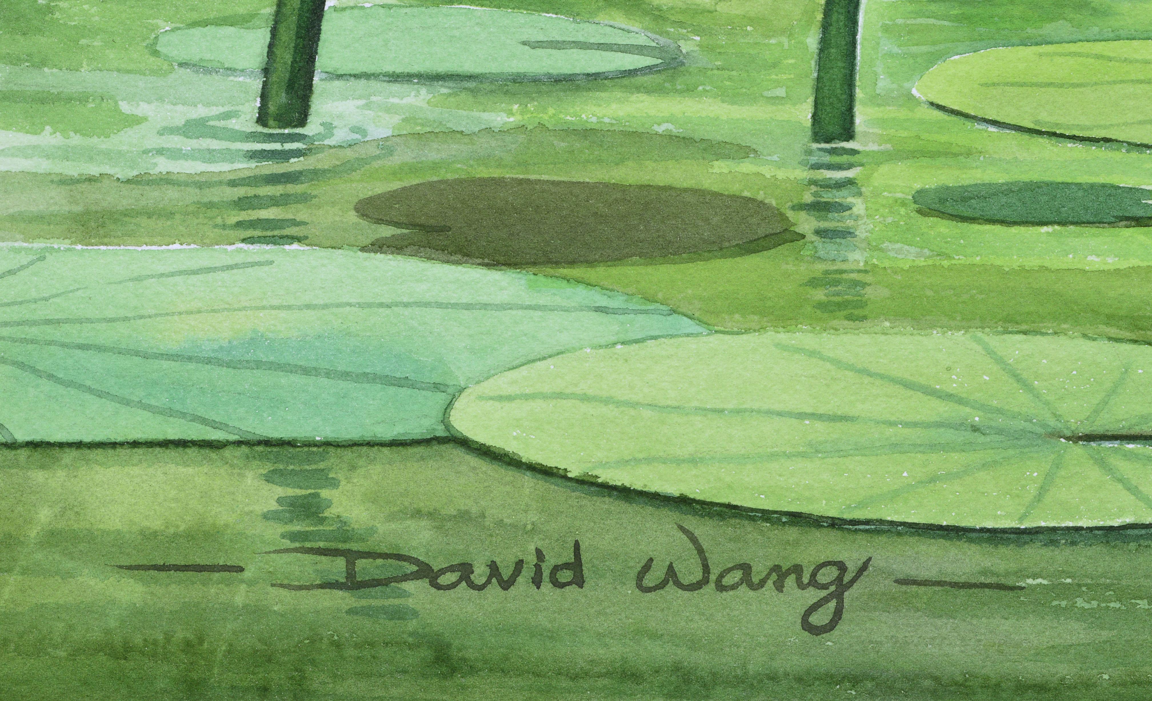 Bird Perched on Water Lilies - Realist Art by David Wang