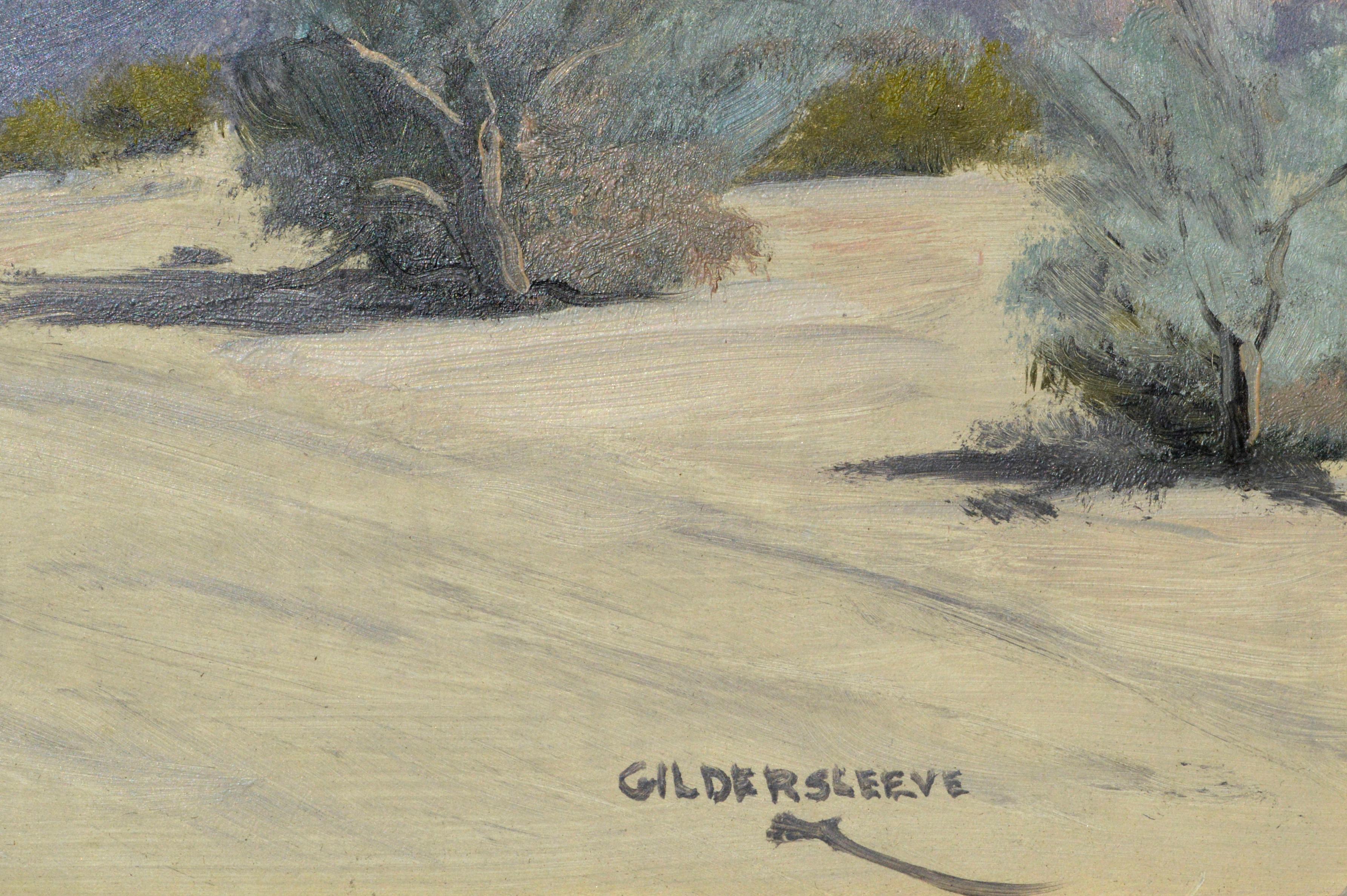 Paysage serein du début du 20e siècle dans le désert de Palm Springs avec des montagnes en arrière-plan par Beatrice Gildersleeve (Américaine, 1892 - 1933). Signé 
