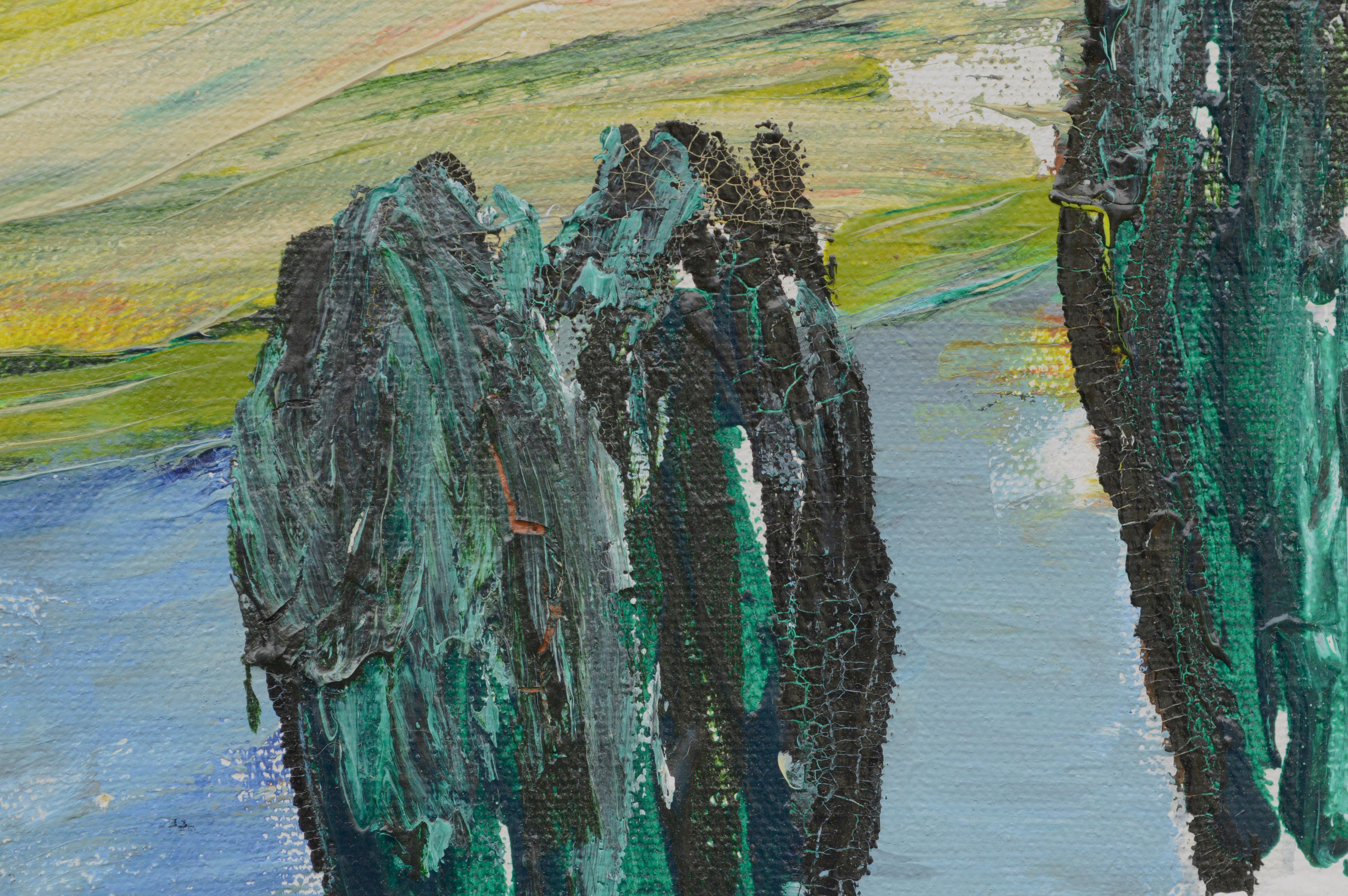 Paysage moderniste audacieux de collines ondulantes et d'arbres à la campagne par Allie 