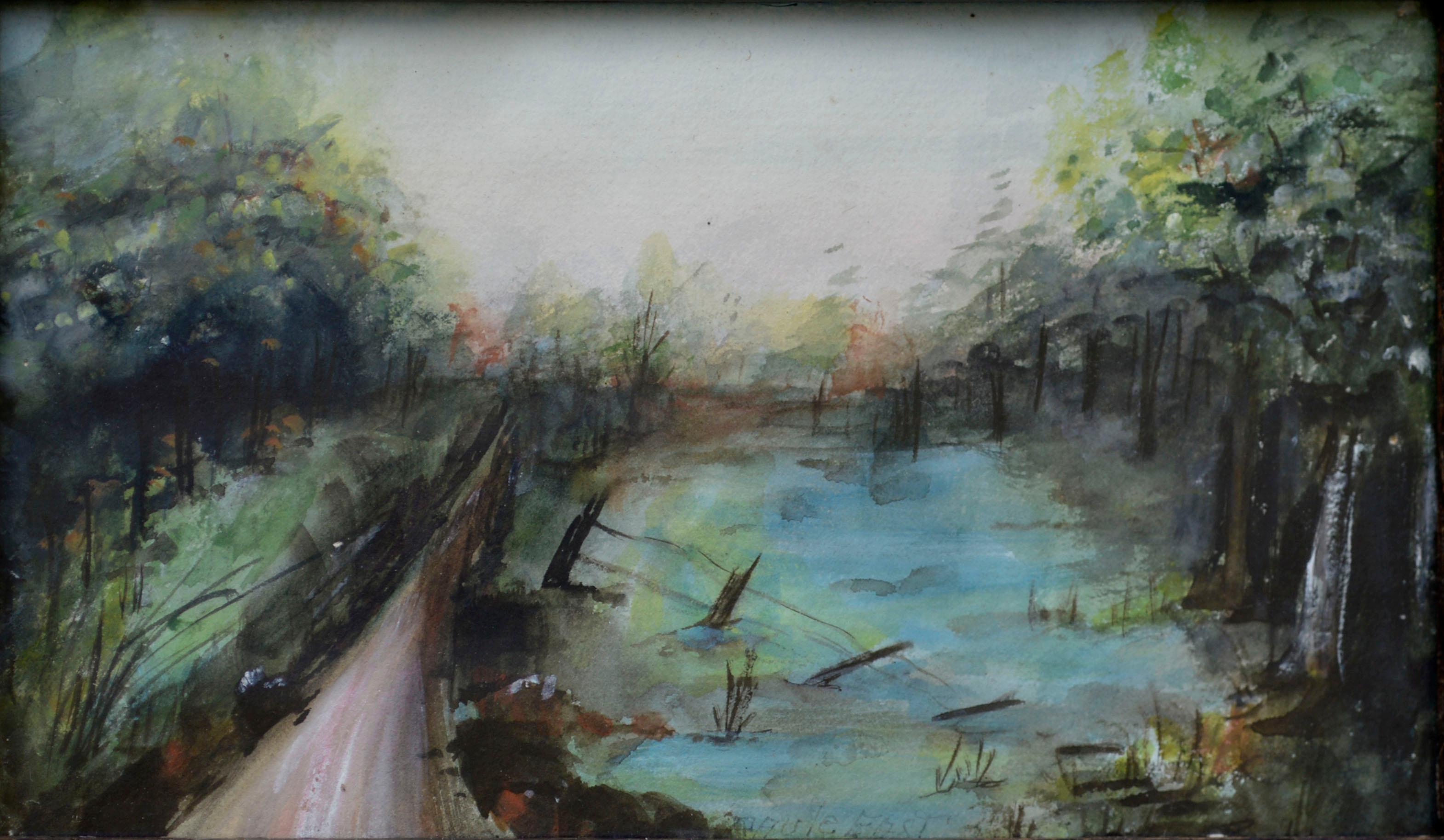 Early 20th Century Blue Pond by the Path Landscape - Art by Paule East