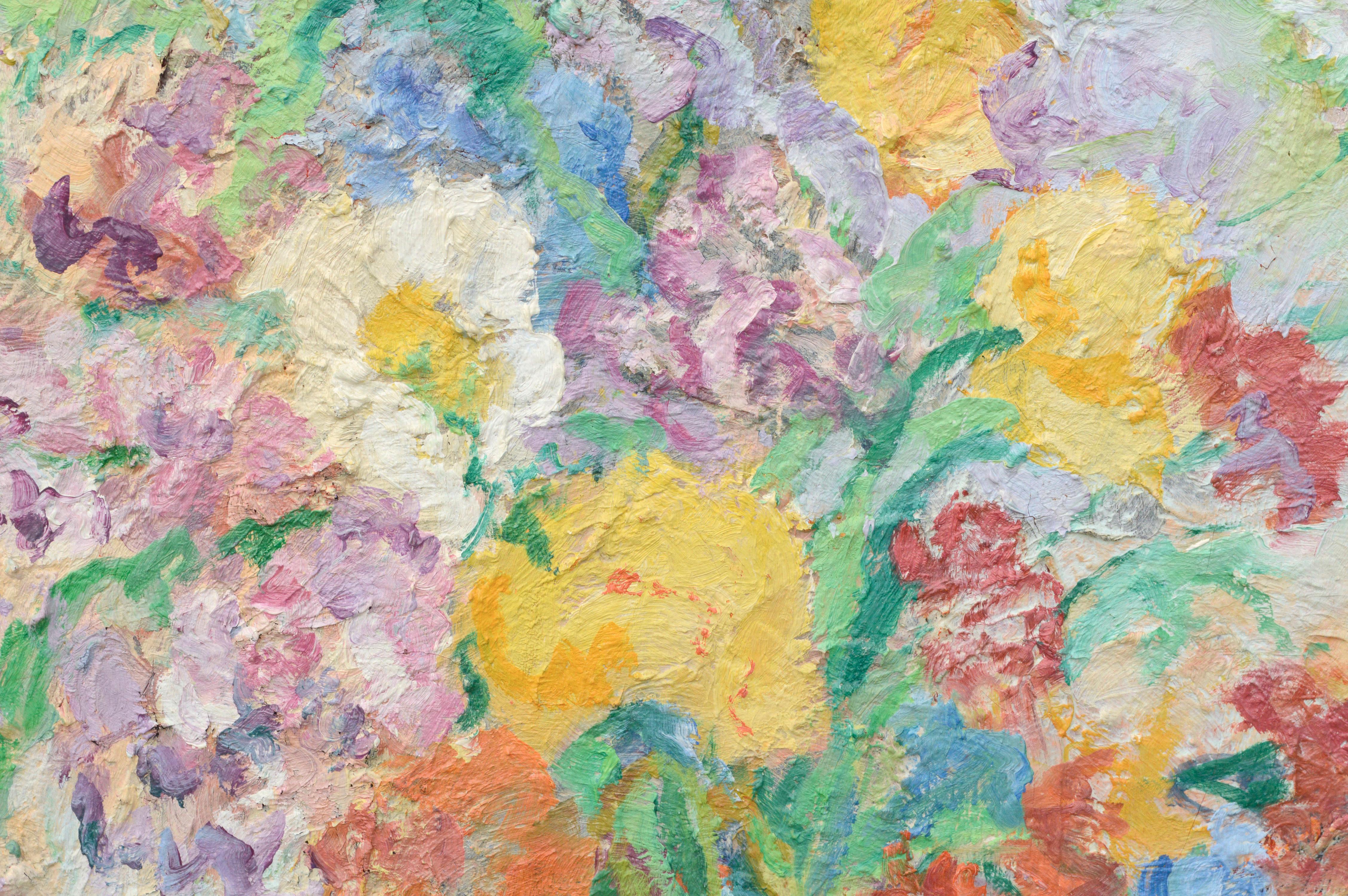Natura morta ad alto impasto di fiori dai colori vivaci in un vaso di Doreen Gadsby (australiana, nata nel 1926). Firmato 