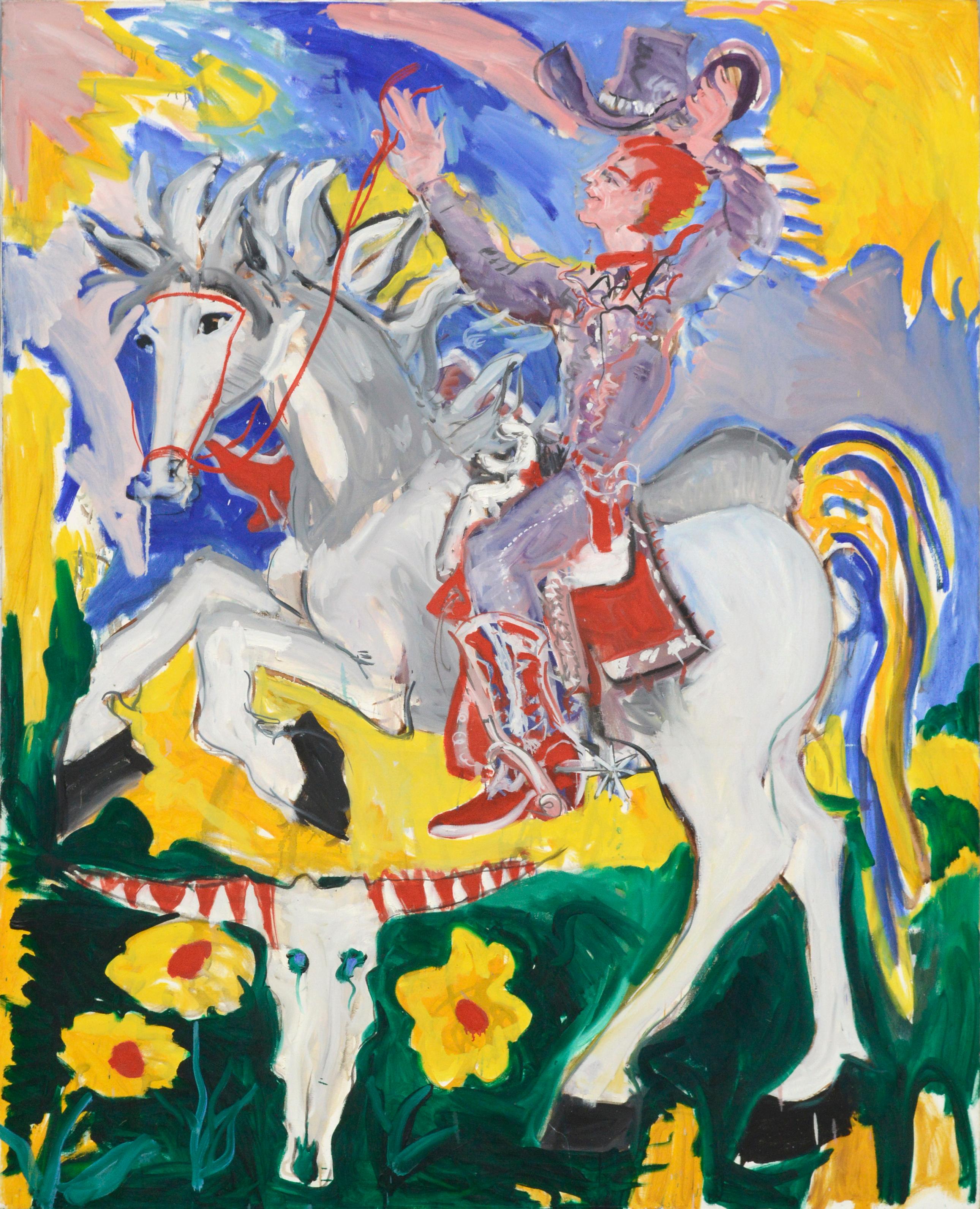 Allie William Skelton Animal Painting - Red Haired Circus Cowboy - Expressionist Figurative Abstract with Horse 