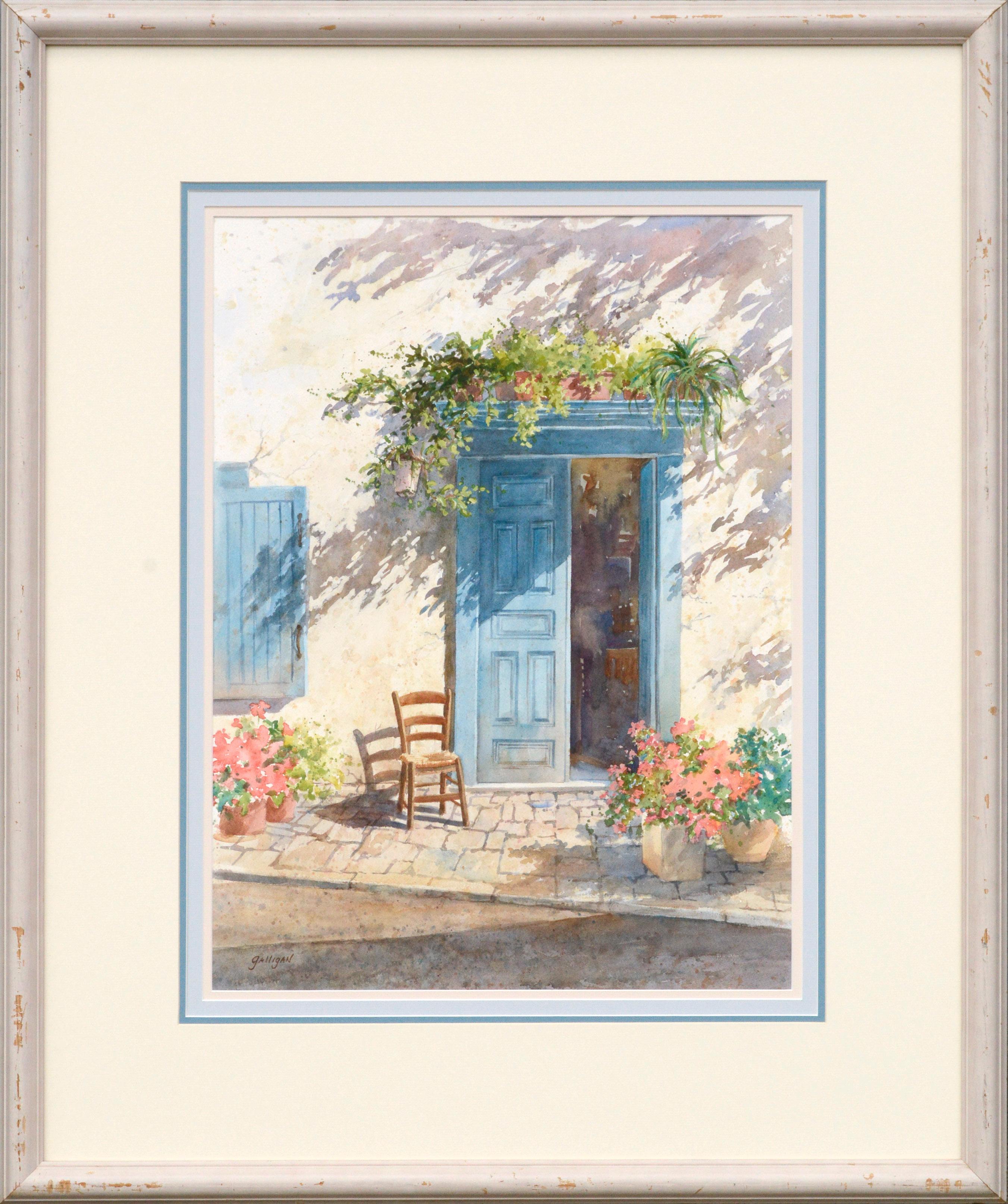 Sharon Galligan Landscape Art - Blue Doorway with Chair and Flowers