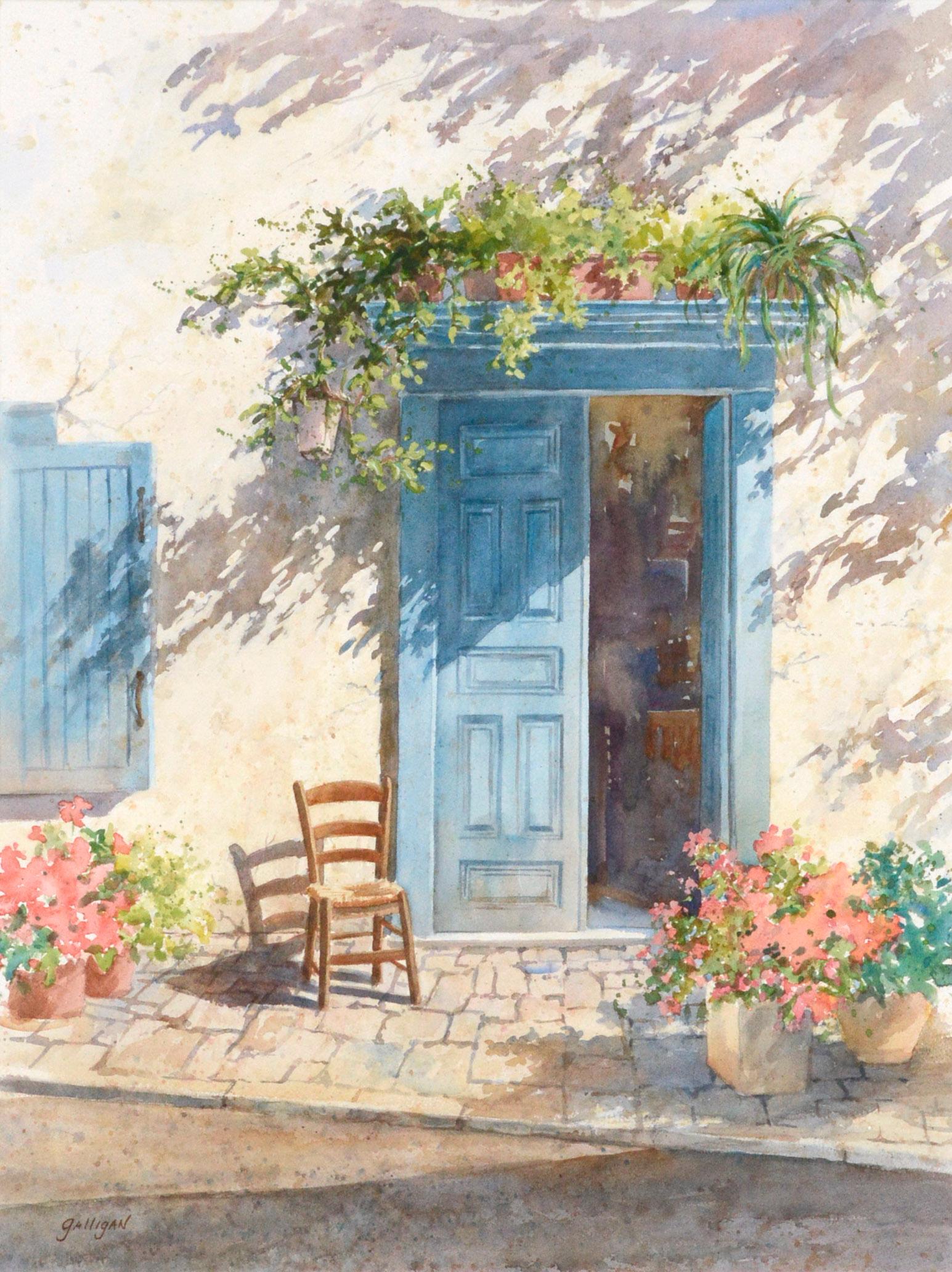 Blue Doorway with Chair and Flowers - Art by Sharon Galligan