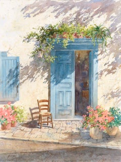 Blue Doorway with Chair and Flowers