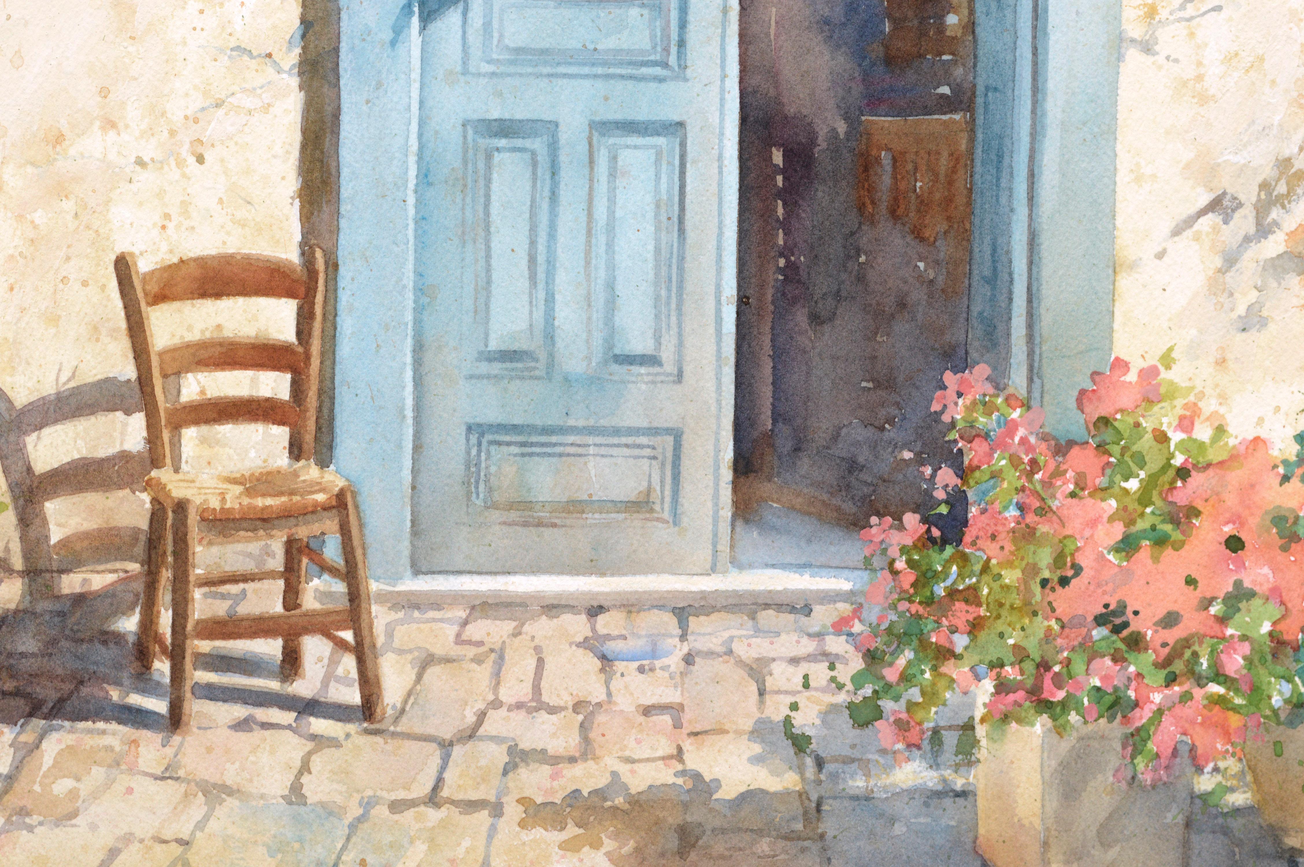Blue Doorway with Chair and Flowers - American Realist Art by Sharon Galligan
