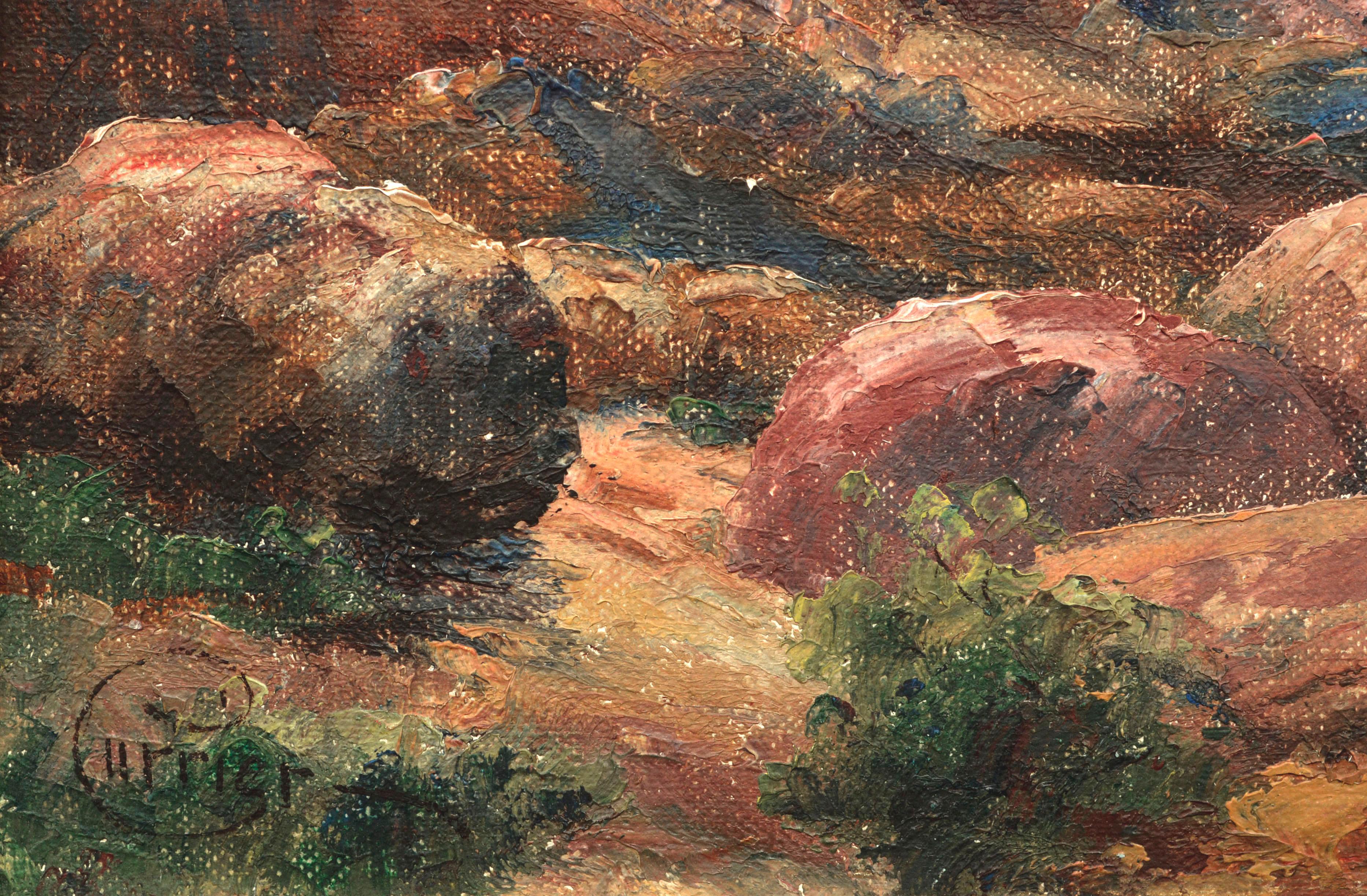 Gorgeous, accomplished western canyon landscape with distinct foreground and background coloration by Cyrus Bates Currier (American, 1868-1946). Signed lower left corner: 