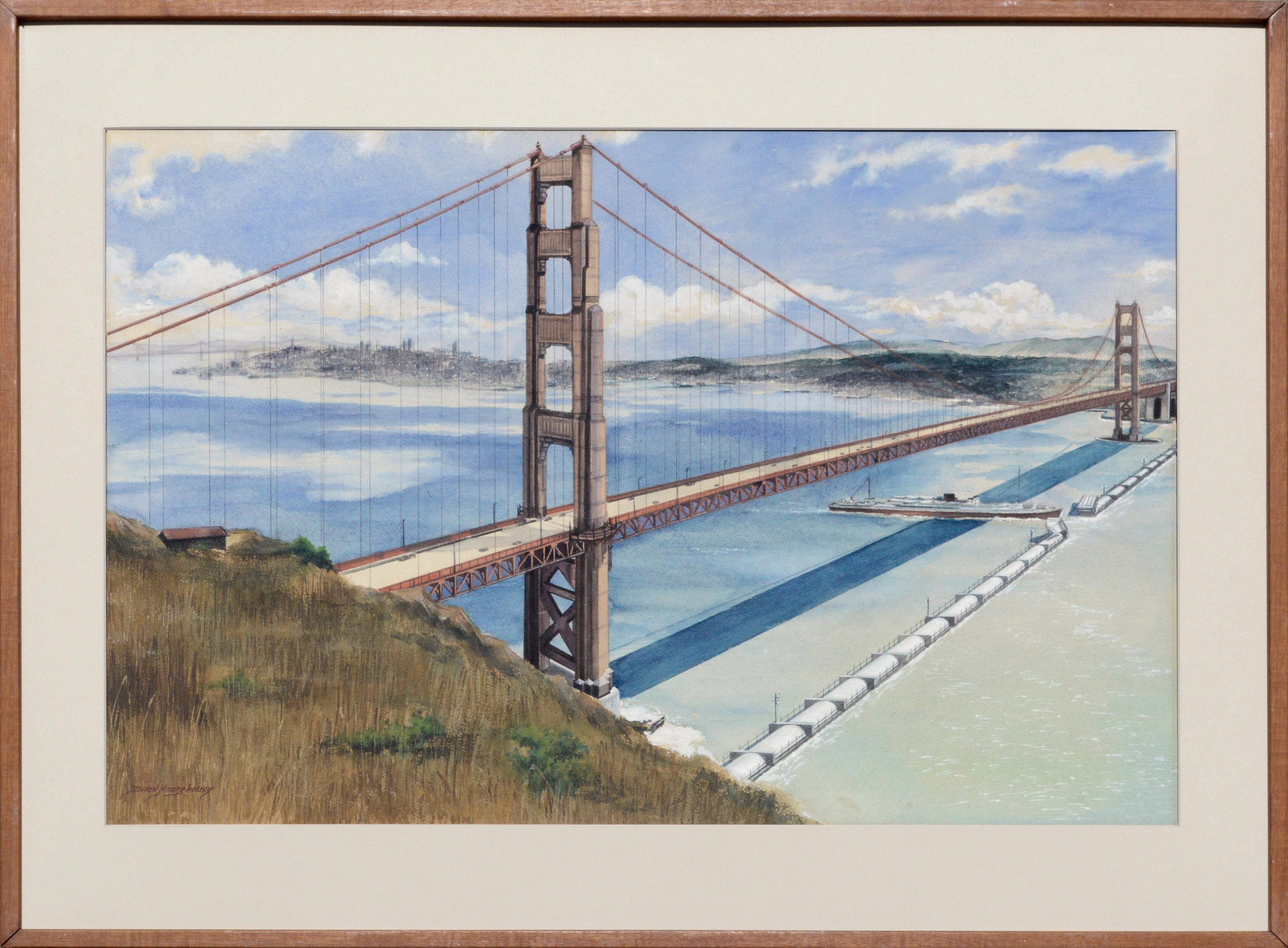 Dixon Moorehouse Landscape Art - Mid Century Golden Gate Bridge Futuristic Landscape 