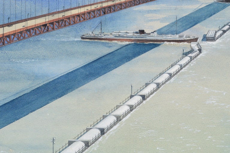 Mid Century Golden Gate Bridge Futuristic Landscape  - Gray Landscape Art by Dixon Moorehouse