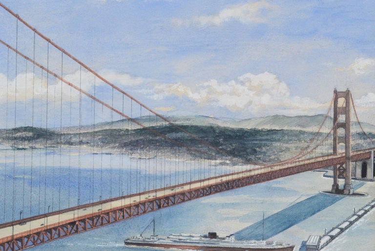 Highly detailed and concept painting of the Golden Gate Bridge and an electric tidal generator by Dixon Moorehouse (American, 1929-2001). Signed 