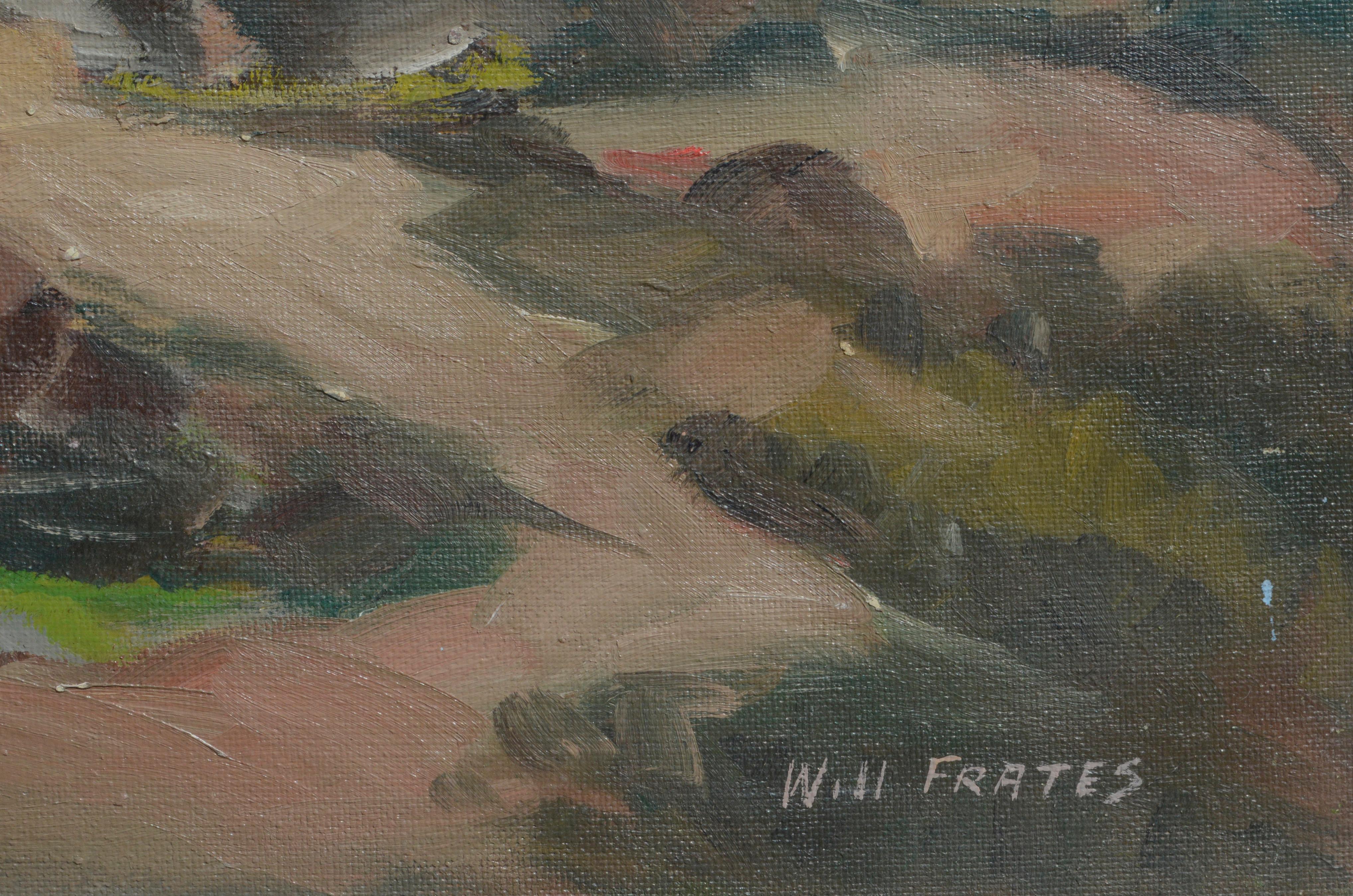 Paysage figuratif du Sud-Ouest des années 1940 - Pueblo Village, Nouveau-Mexique  - Marron Figurative Painting par William Frates