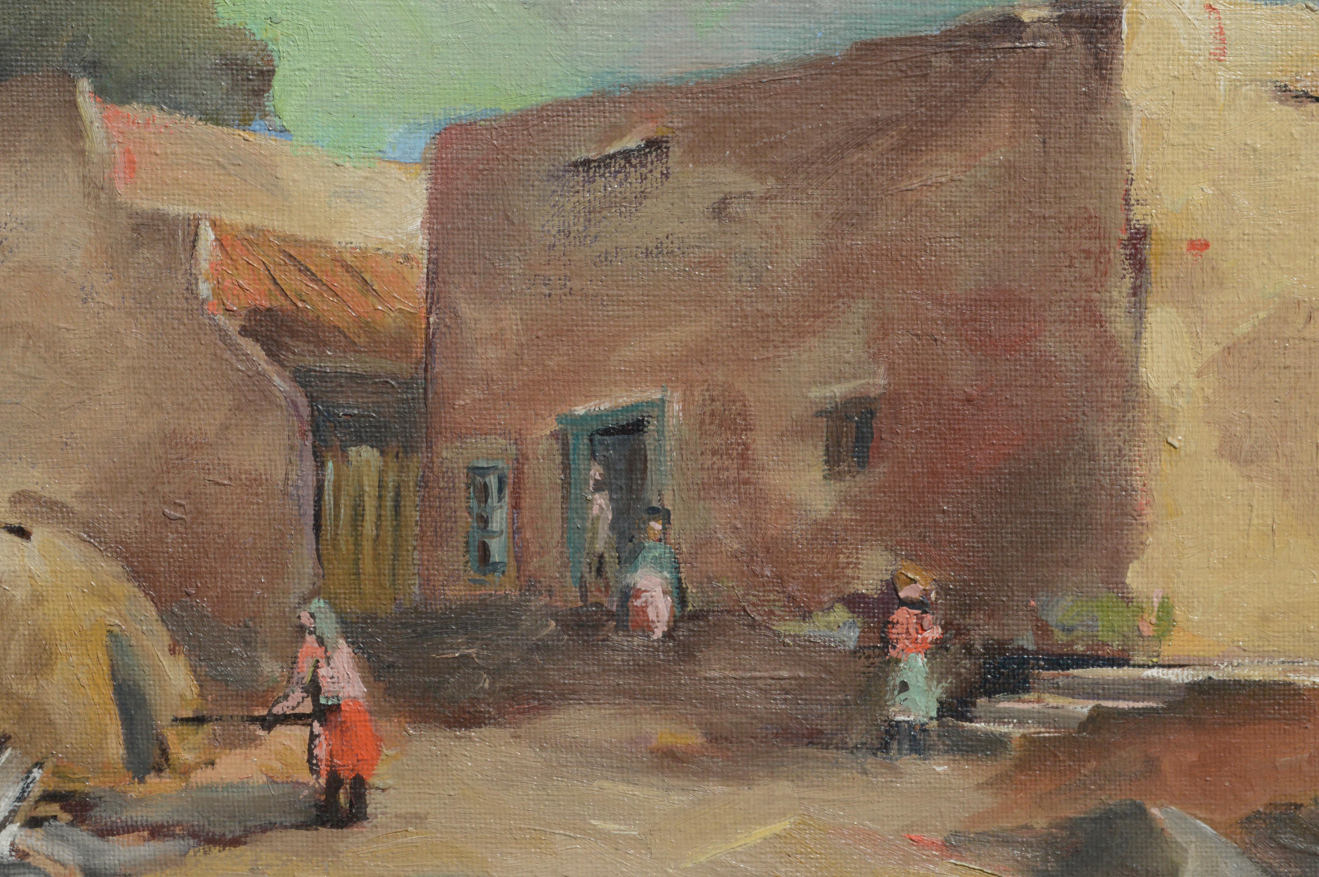 Paysage figuratif du Sud-Ouest des années 1940 - Pueblo Village, Nouveau-Mexique  - Painting de William Frates
