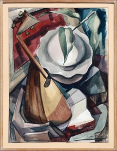 Vintage Mid Century Modern Cubist Mandolin Abstract Still Life