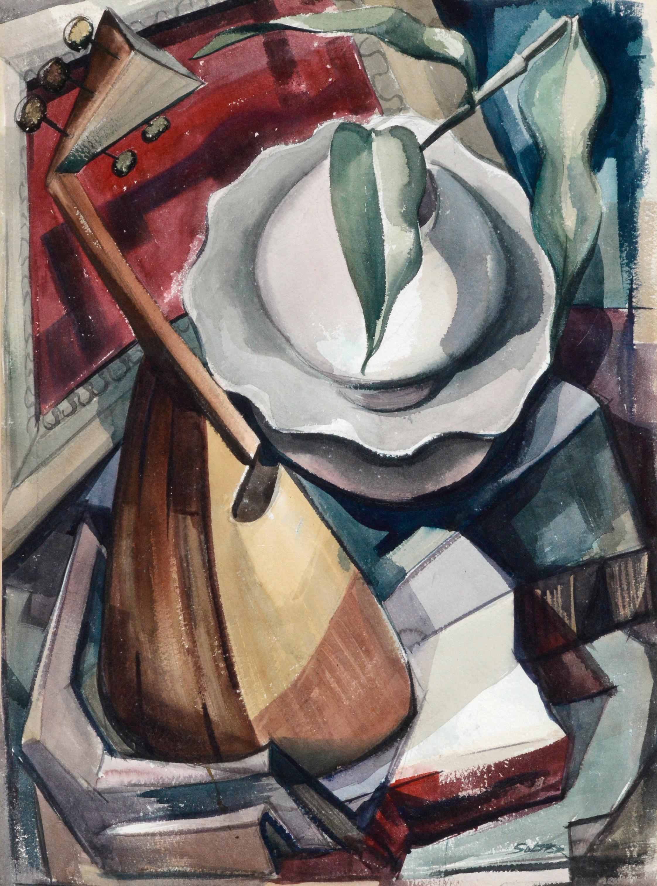 Mid Century Modern Cubist Mandolin Abstract Still Life - Art by Solter