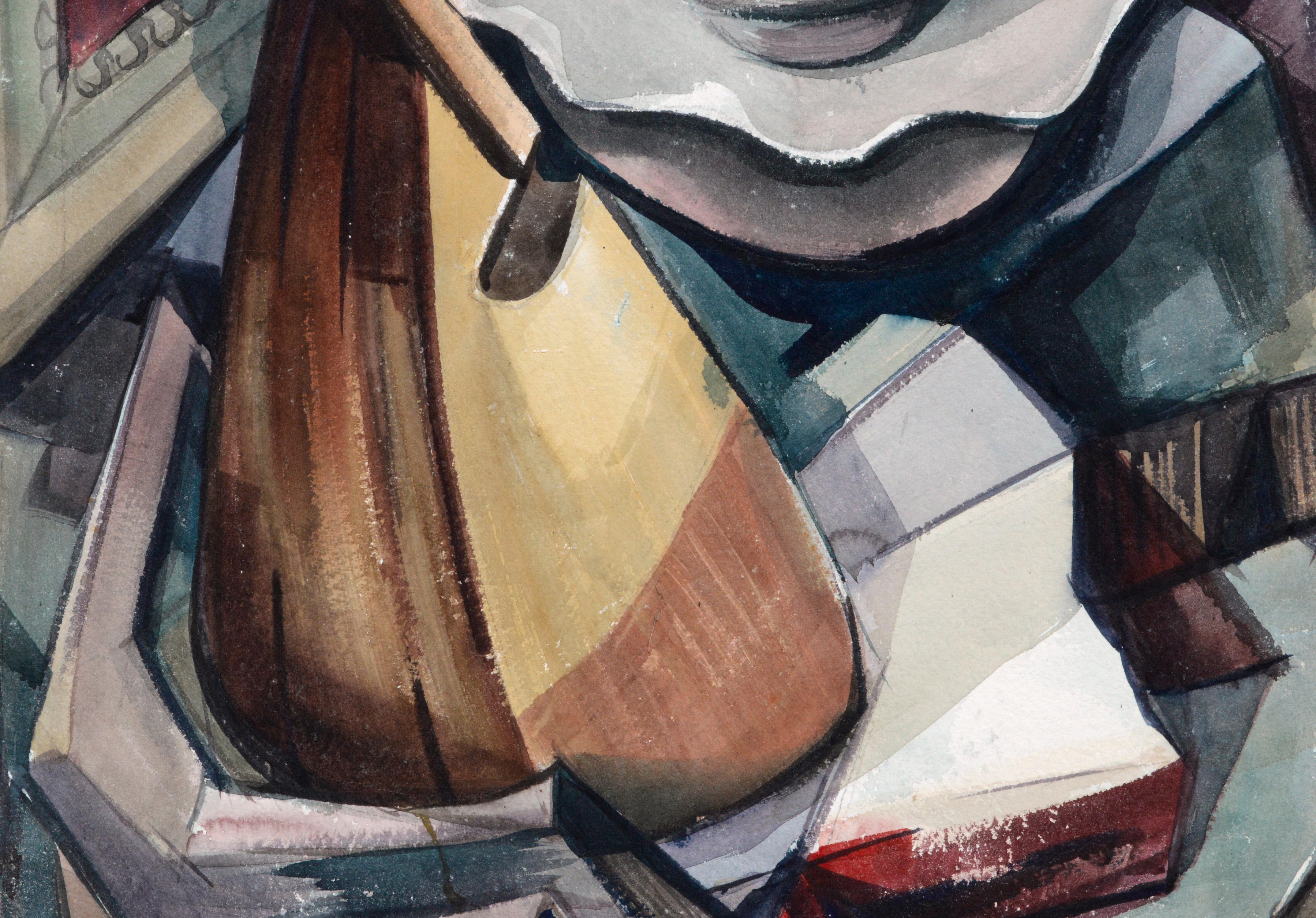 Mid Century Modern Kubistische Mandoline Abstraktes Stillleben (Braun), Interior Art, von Solter