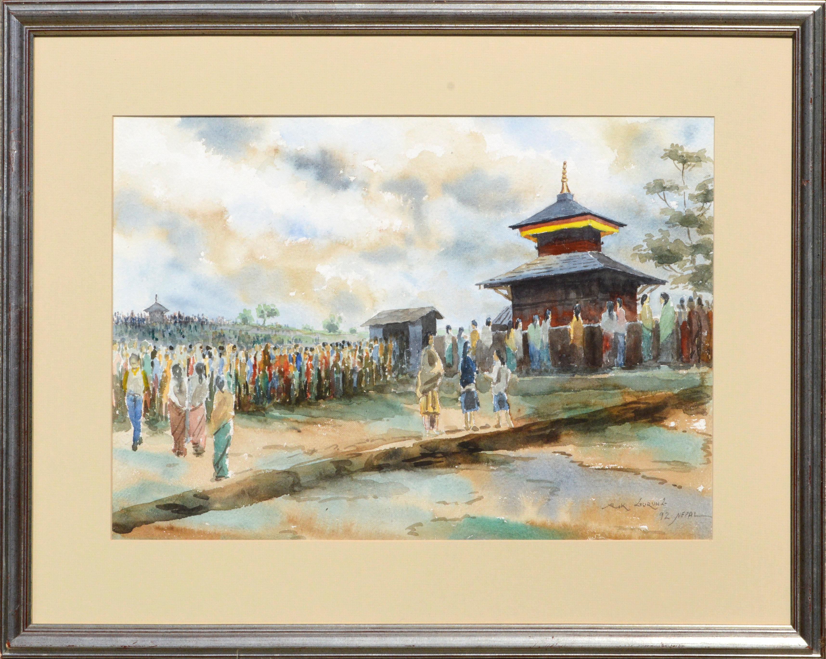 Alok Gurung Landscape Art – Figurative Landschaft – Besuch im Tempel