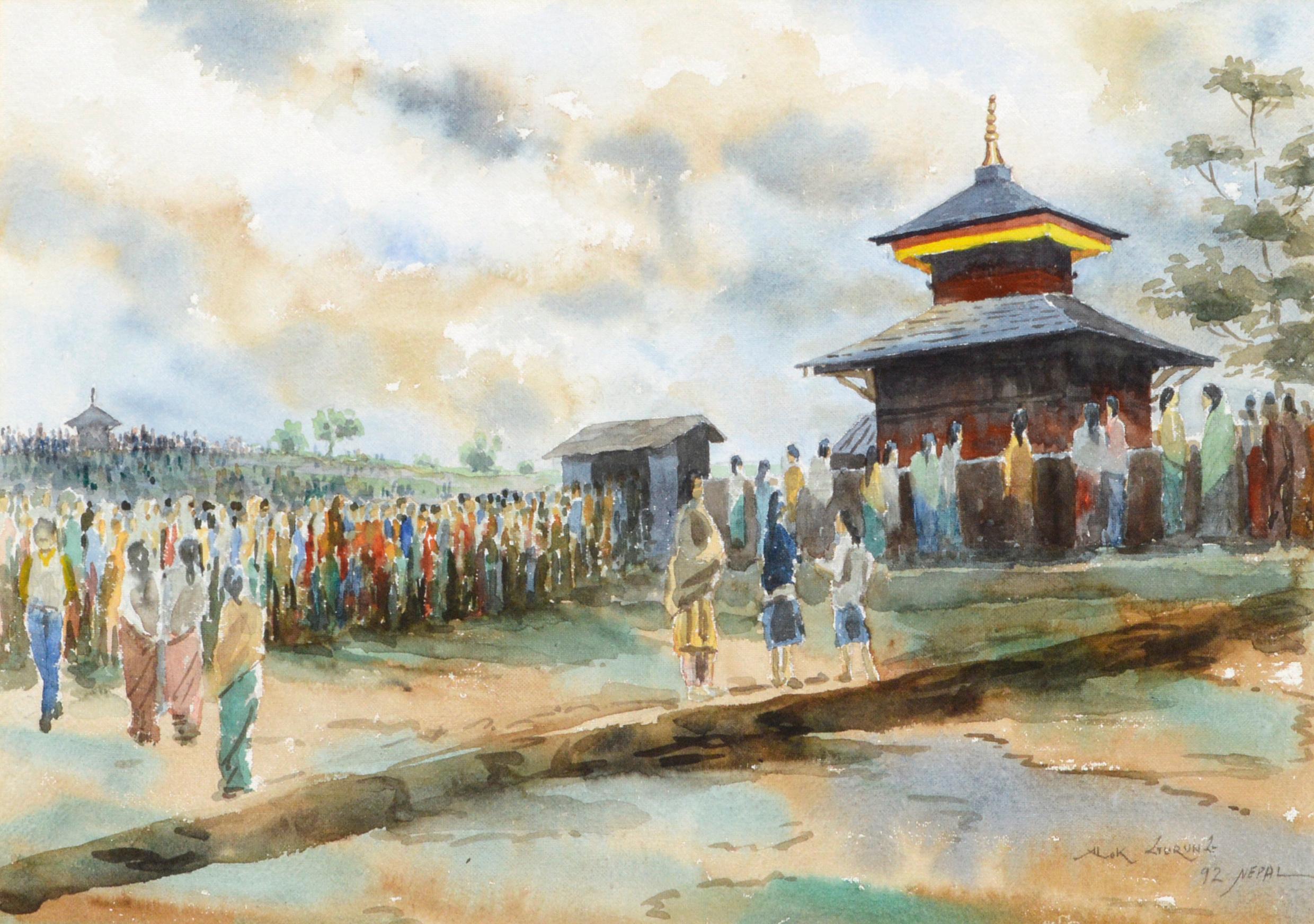 Figurative Landscape -- Visiting the Temple - Art by Alok Gurung