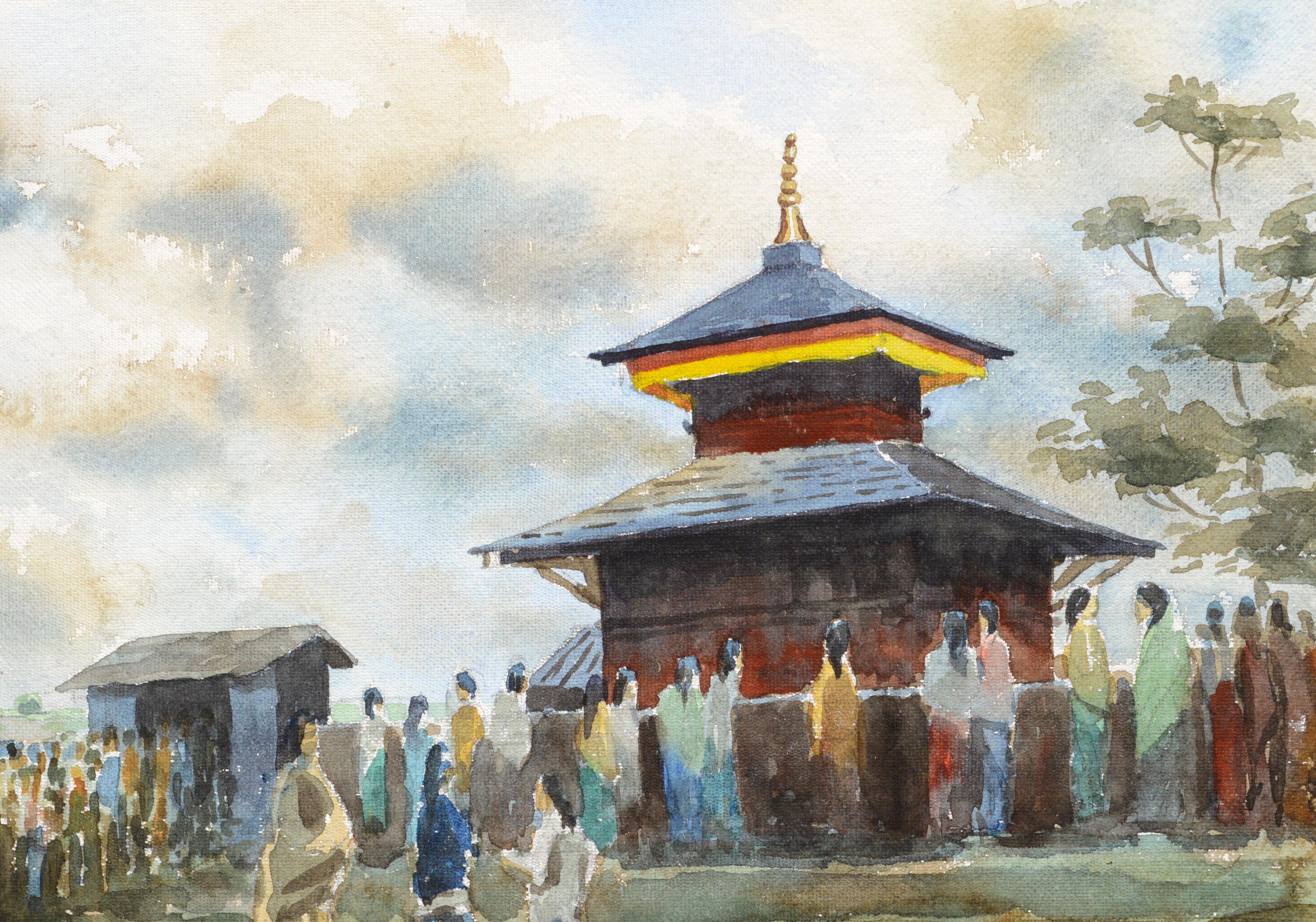 Figurative Landschaft – Besuch im Tempel (Beige), Landscape Art, von Alok Gurung