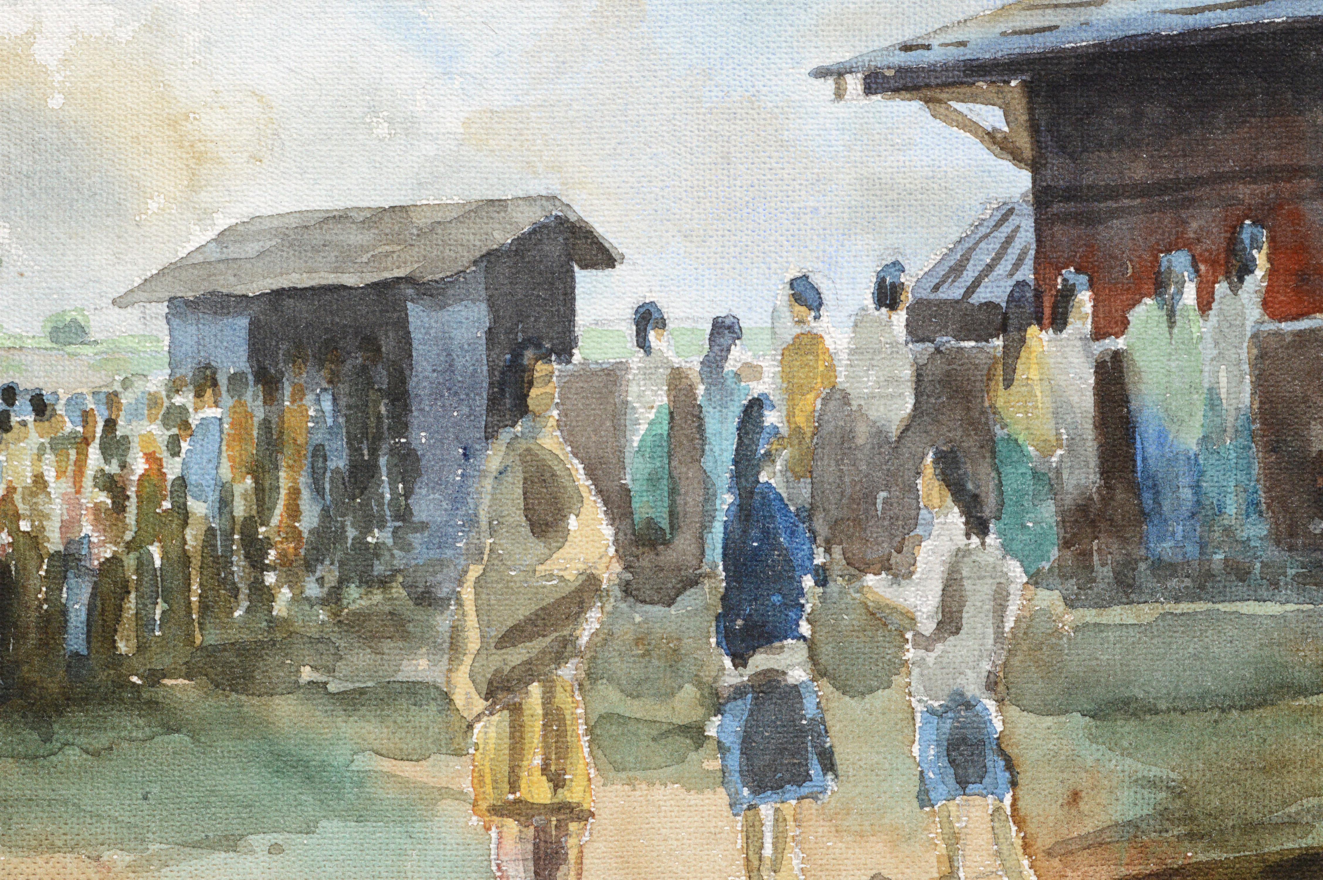 Wunderschöne figurative Landschaft mit einer Menschenmenge, die einen Tempel in Nepal besucht, von Alok Gurung (Nepalese, Ende 20. Jahrhundert). Unterschrift, Datum und Ort stehen in der linken unteren Ecke: 