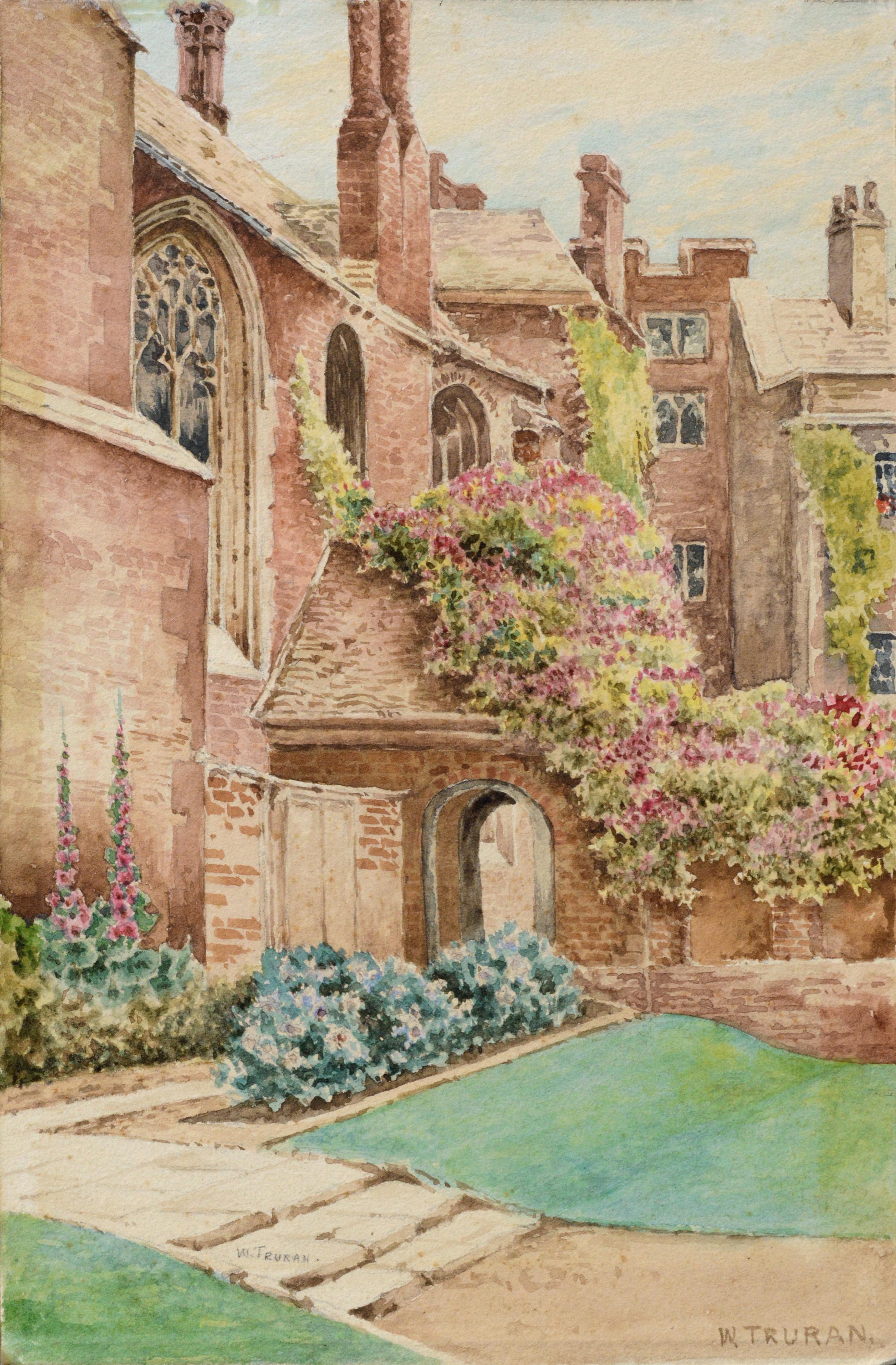 Late 19th Century Cathedral Courtyard Architectural Landscape w. Garden Flowers - Art by William Truran