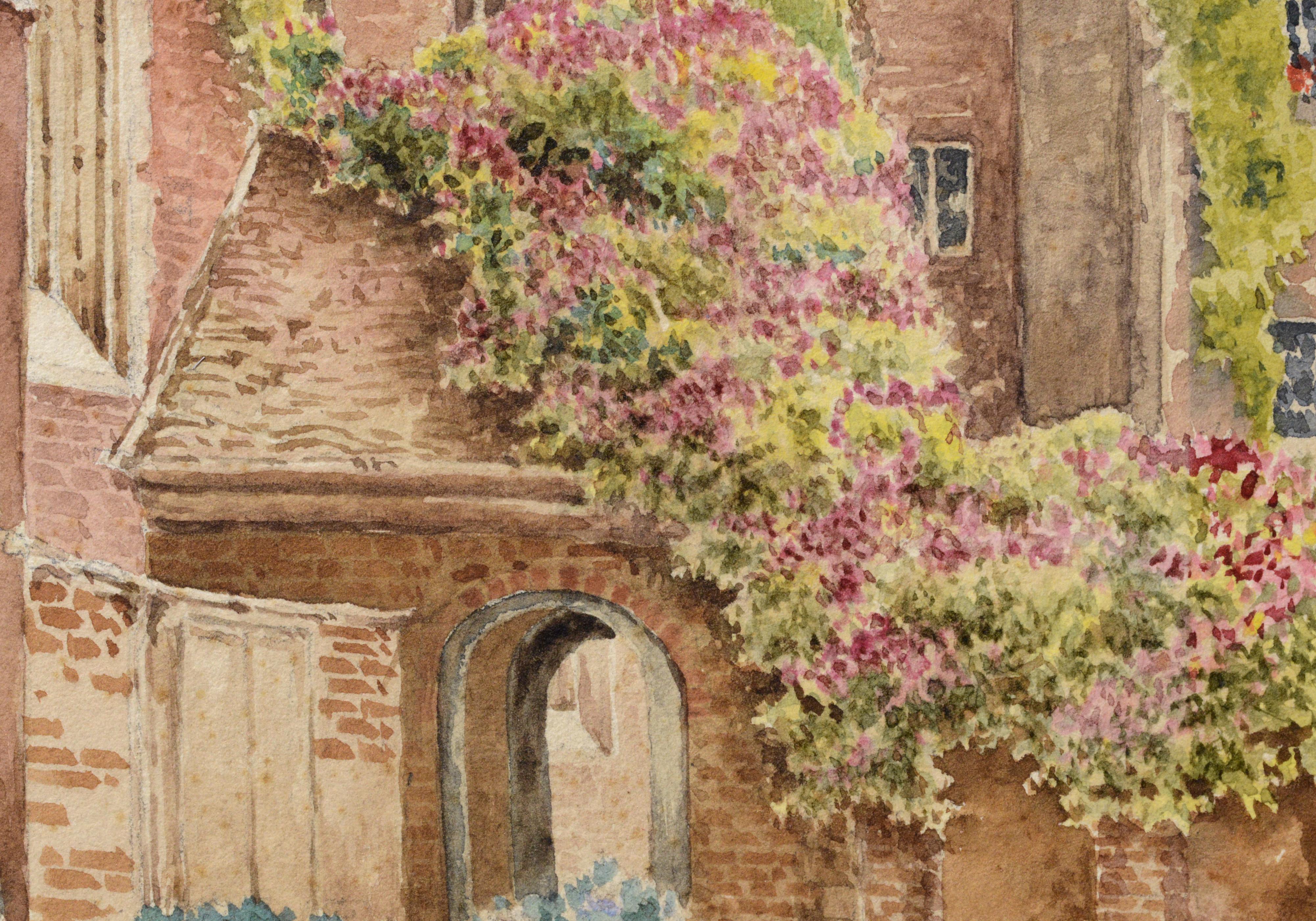 Late 19th Century Cathedral Courtyard Architectural Landscape w. Garden Flowers - Beige Landscape Art by William Truran