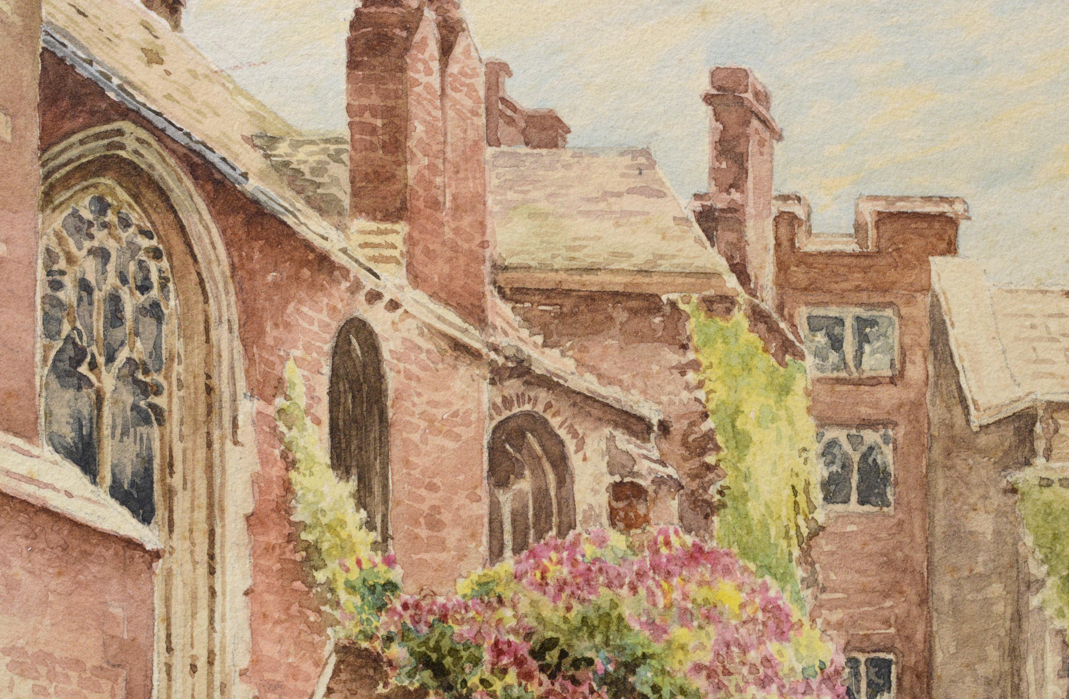Late 19th Century Cathedral Courtyard Architectural Landscape w. Garden Flowers - Realist Art by William Truran