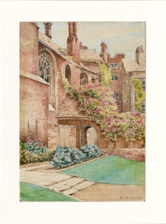 Late 19th Century Cathedral Courtyard Architectural Landscape w. Garden Flowers
