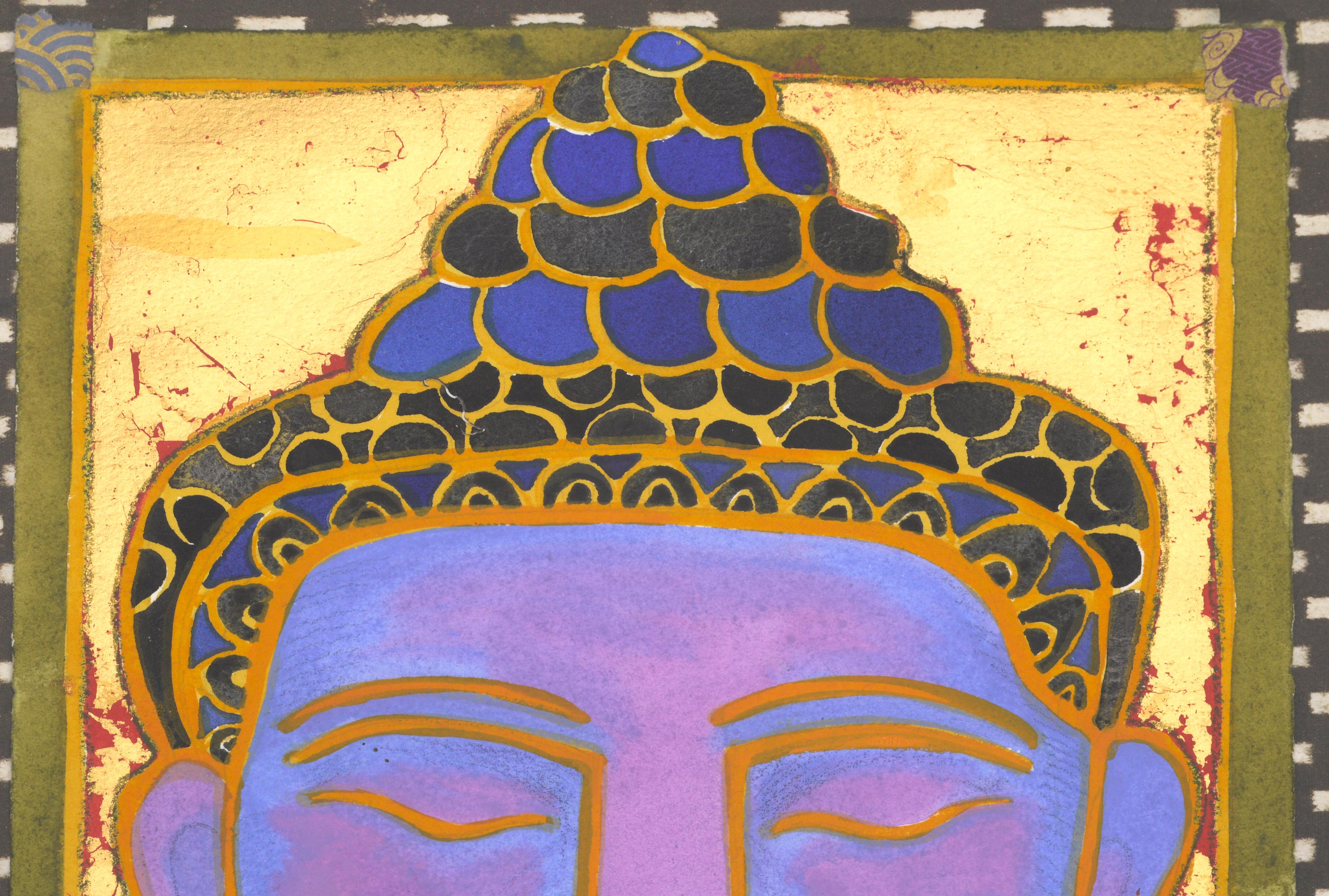 Brightly colored Buddha head by Anna Oneglia (American, b. 1941). This piece utilizes gold leaf in the background behind the Buddha, giving it a glowing quality. Artist's chop appears in the lower right corner. On verso, a description of the piece