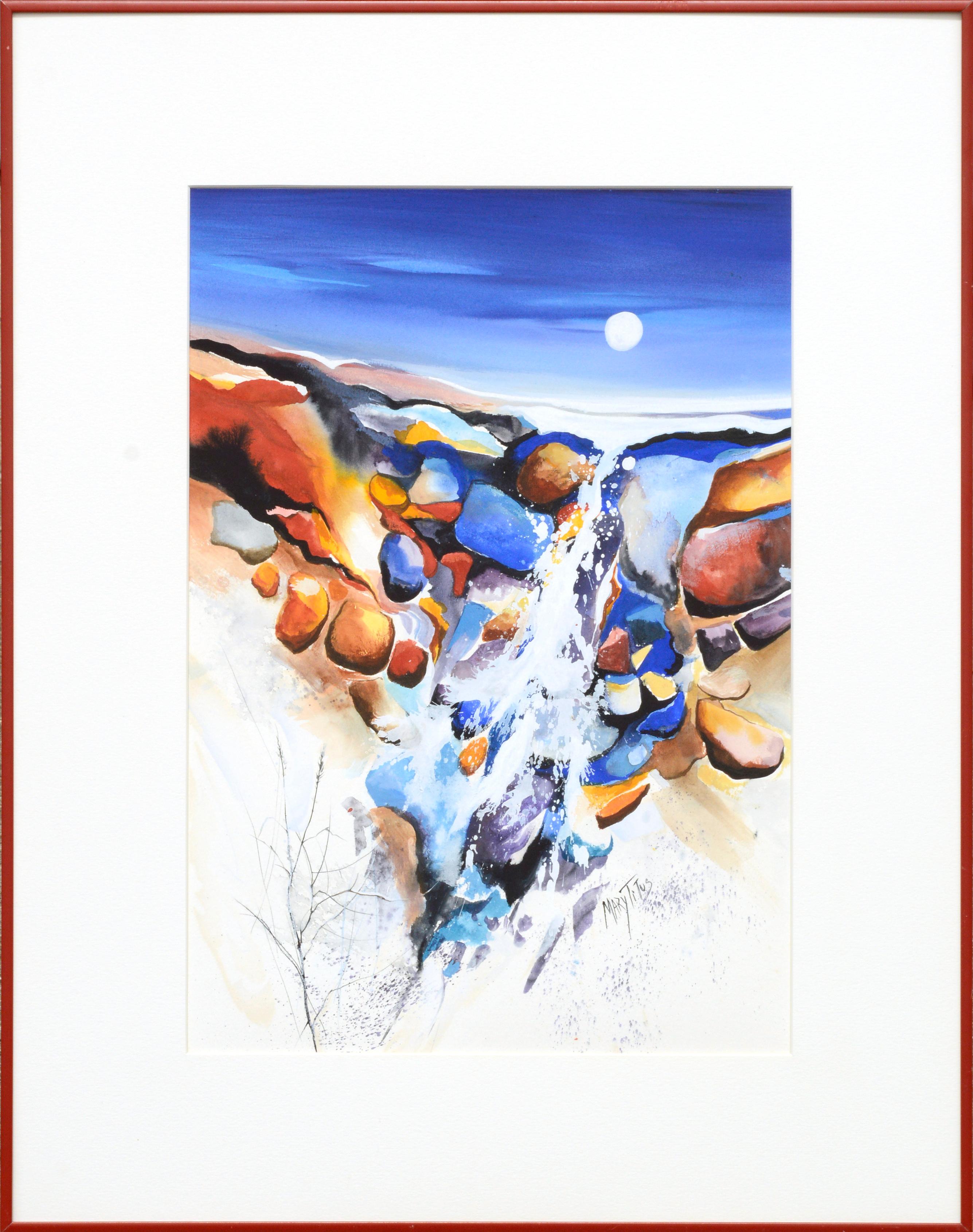 Mary Titus Abstract Painting - Surrealist Waterfall / Abstracted Hillside Landscape on Verso - Double Sided 