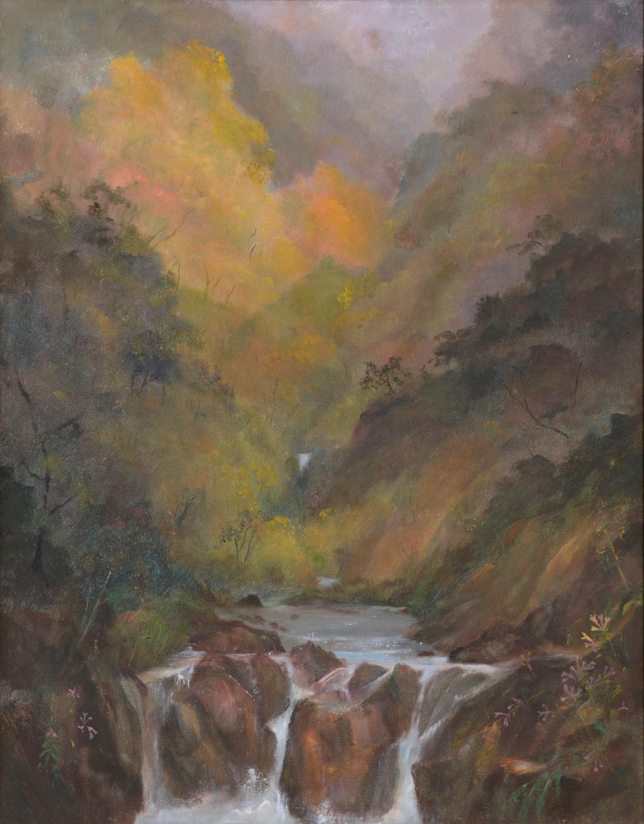 Misty Valley Waterfall, California Autumn Forest Stream Landscape  - Painting by Kenneth Lucas