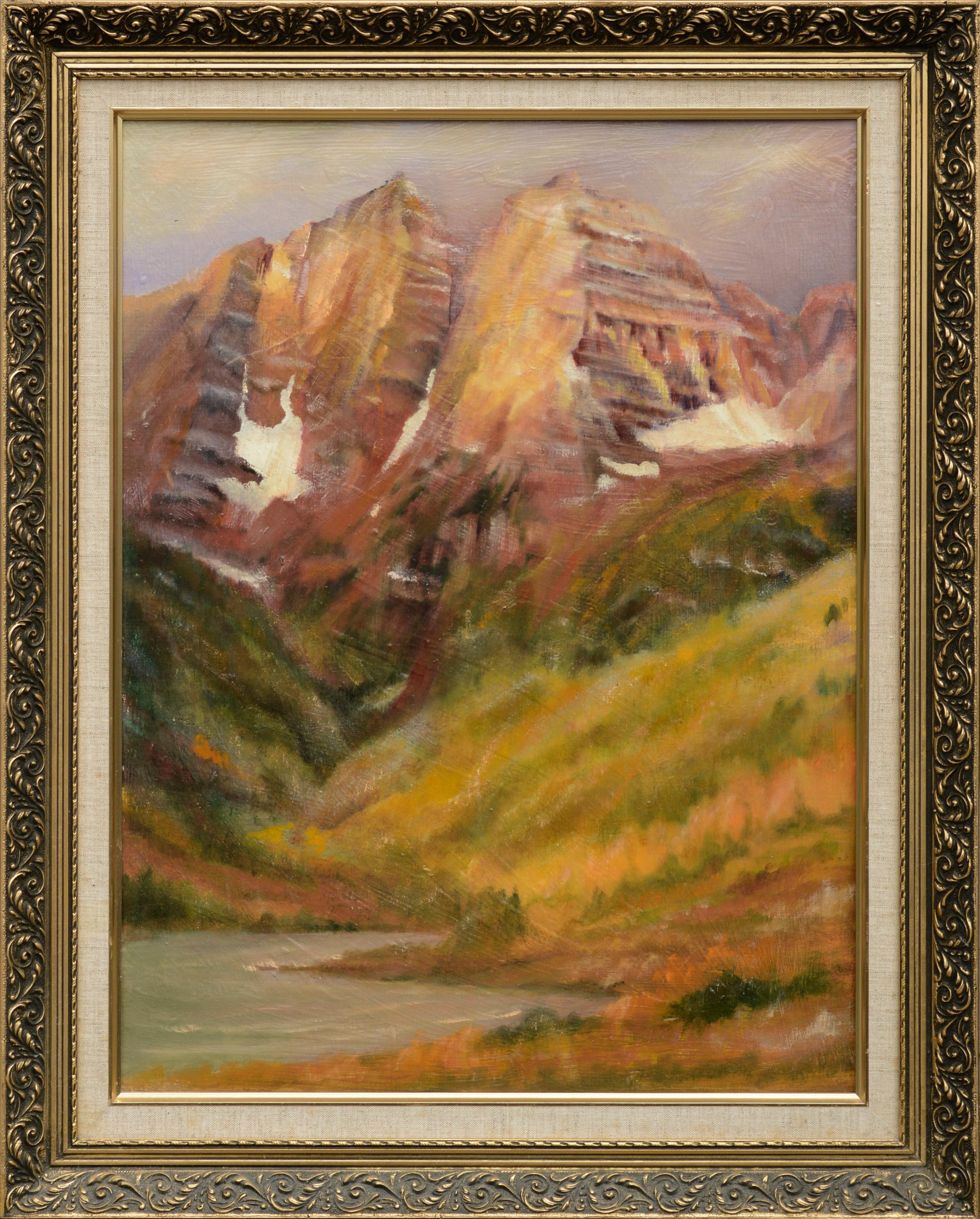 Kenneth Lucas Landscape Painting - Snow Capped Sierra Mountain Valley Lake, Vertical California Winter Landscape
