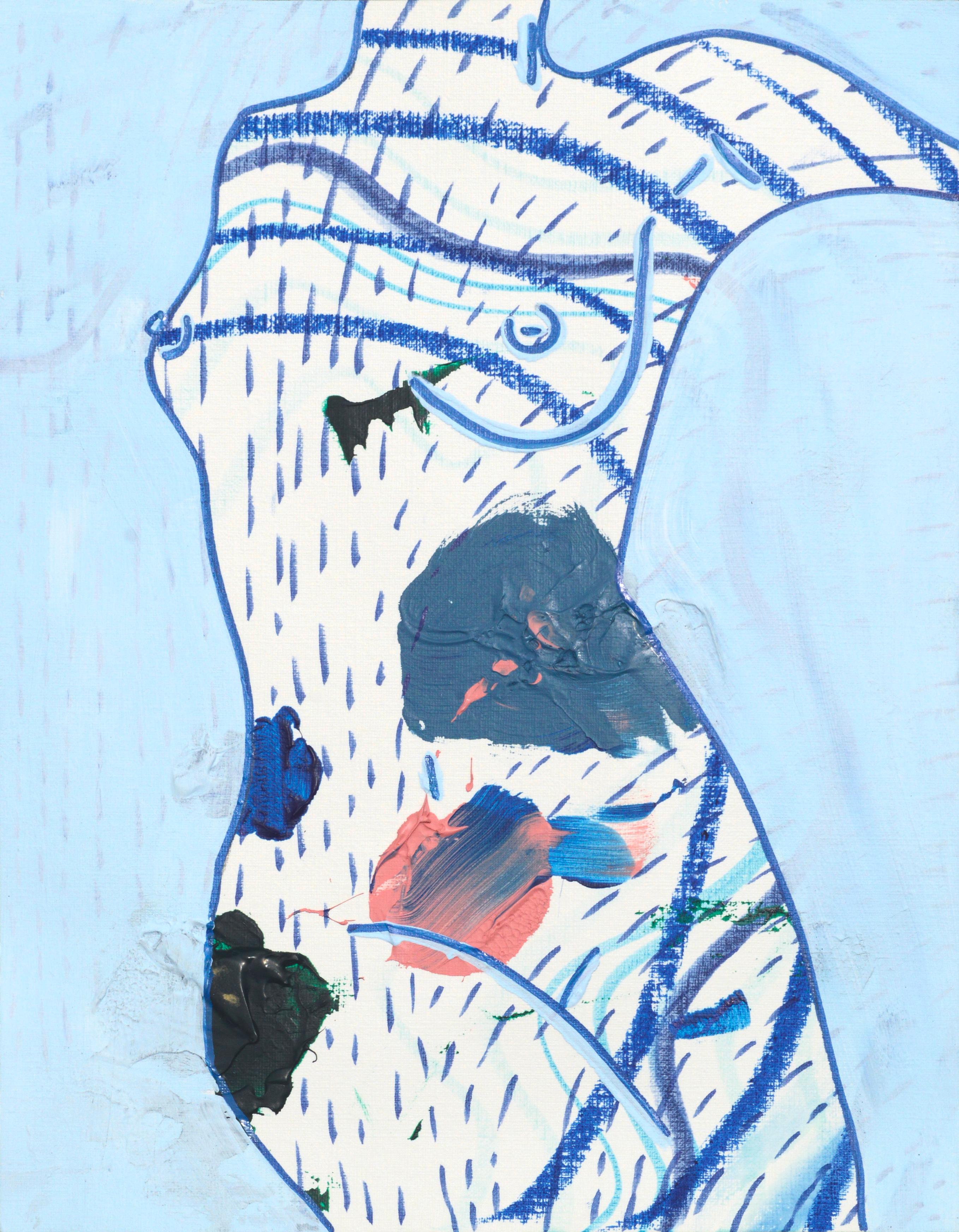 Figura Femenina Desnuda Abstracta Contemporánea con Estampado Azul - Painting de Meagan Jain