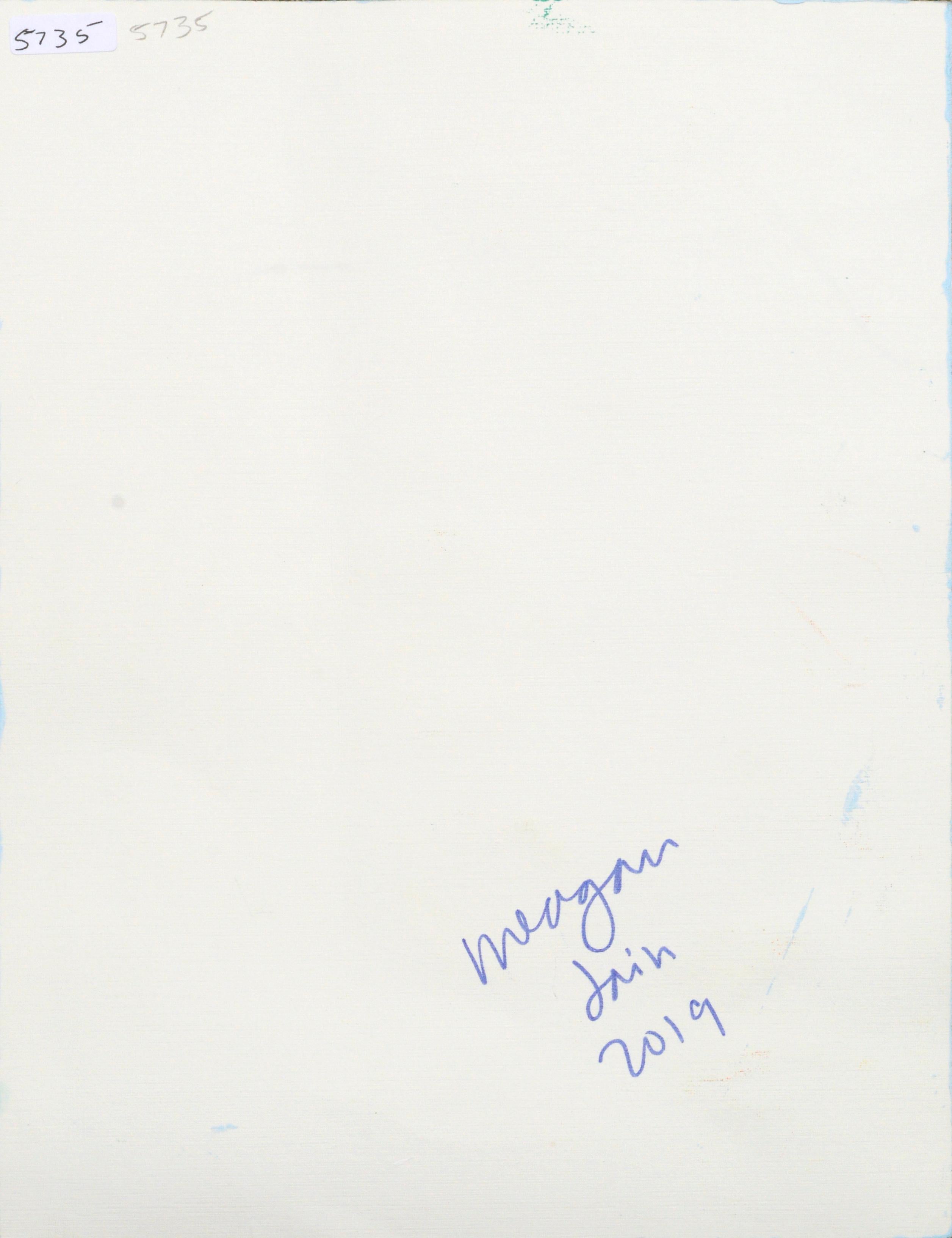 Abstracto figurativo contemporáneo sobre papel, con dibujo lineal de torso desnudo femenino en azul relleno de motivos abstractos minimalistas sobre fondo azul claro, de la muralista contemporánea Meagan Jain (estadounidense, nacida en 1990).