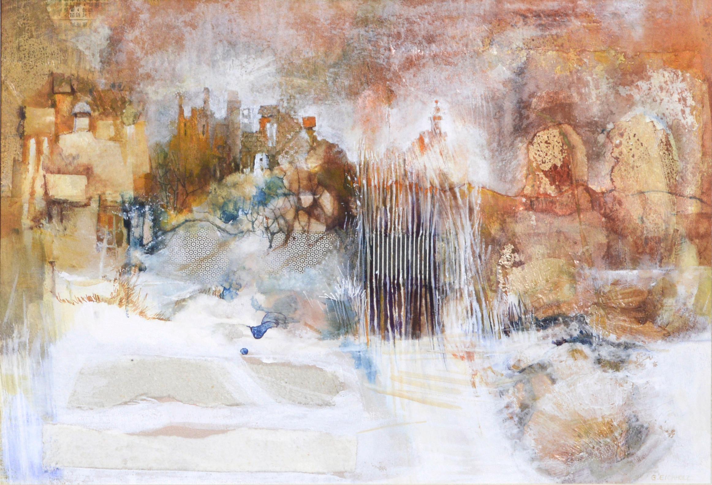« First Snow », paysage d'hiver abstrait en techniques mixtes  - Painting de Grace Eichholz