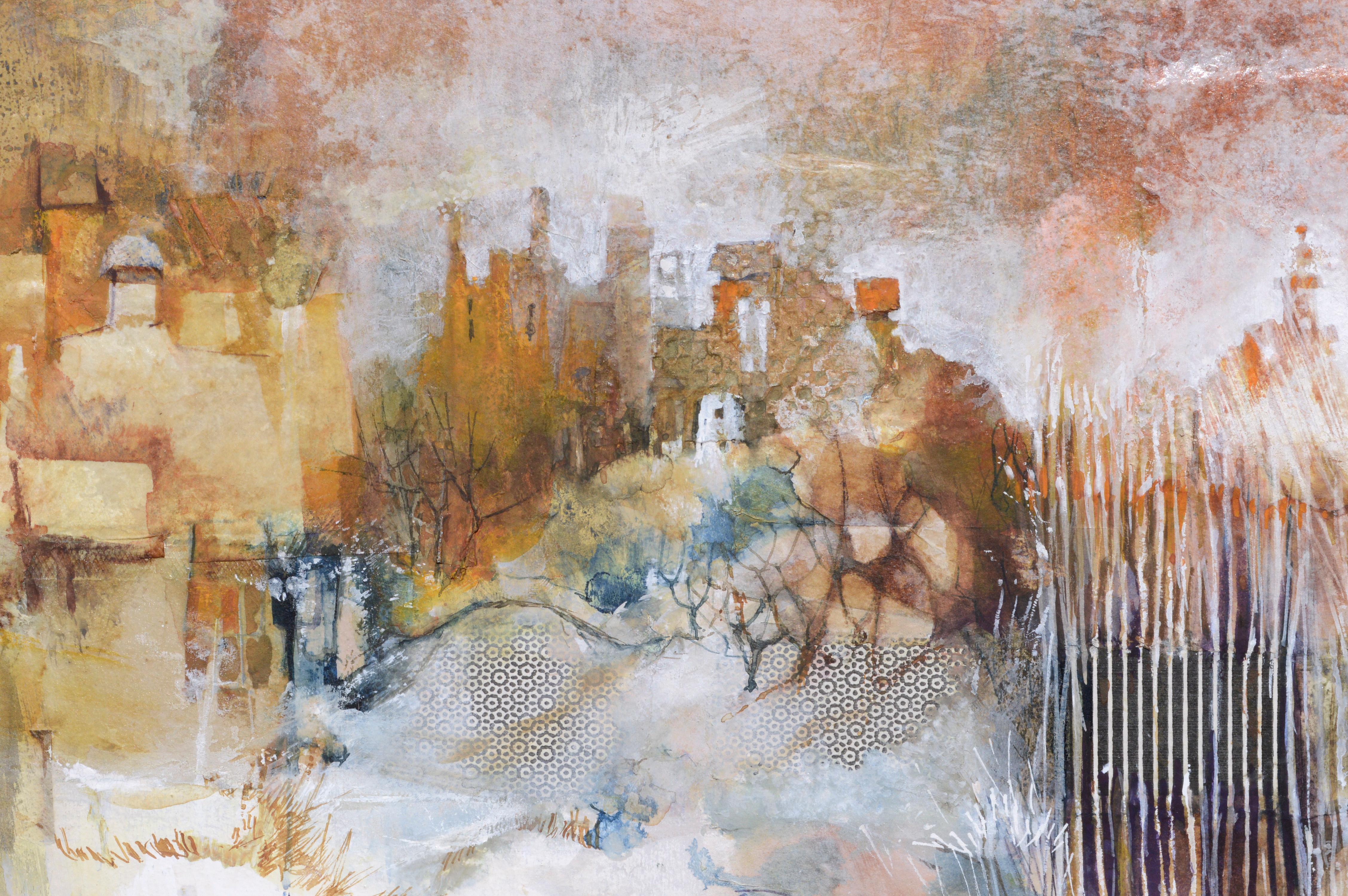 « First Snow », paysage d'hiver abstrait en techniques mixtes  - Beige Landscape Painting par Grace Eichholz