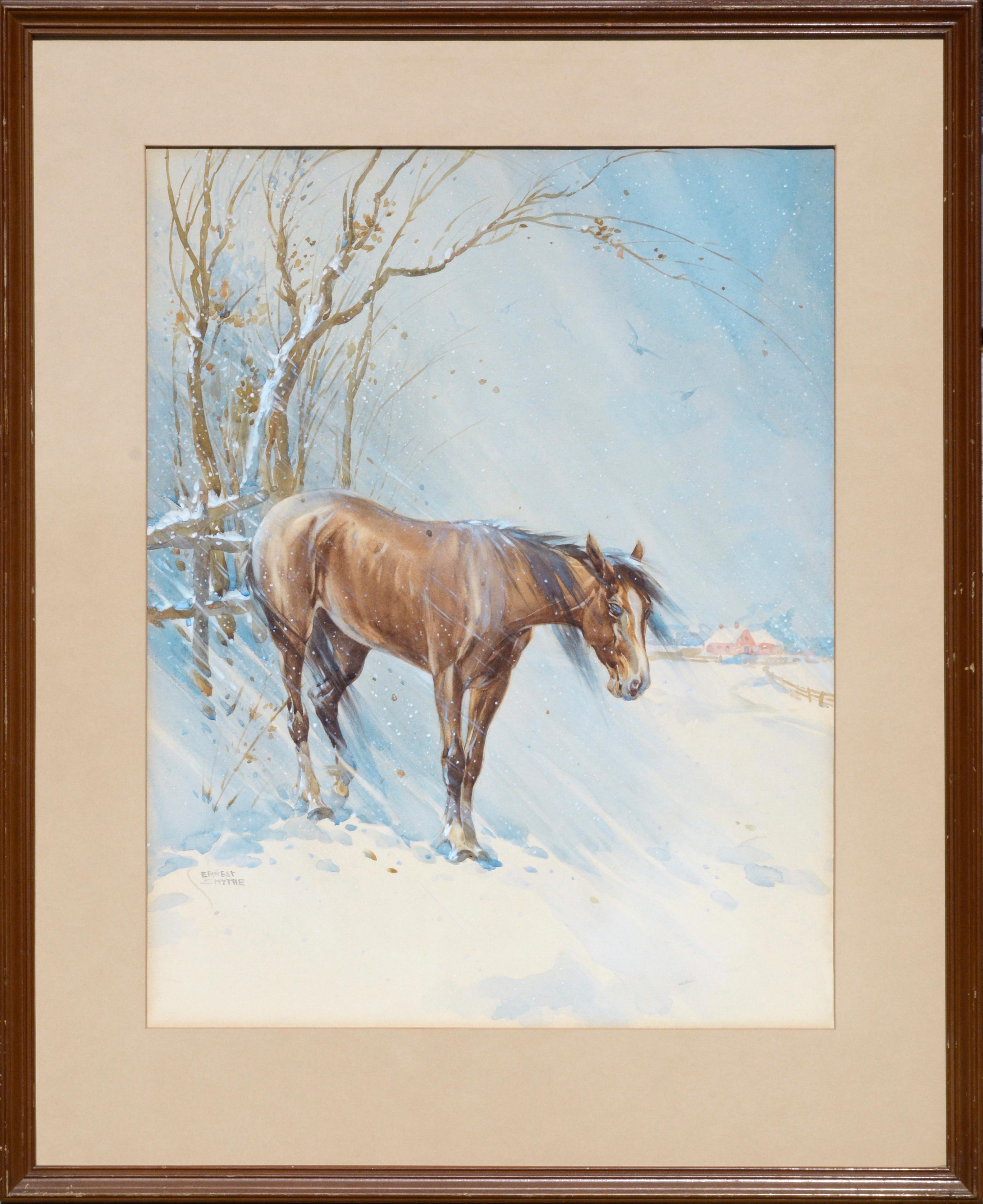 Paysage d'hiver avec cheval au milieu du siècle dernier 