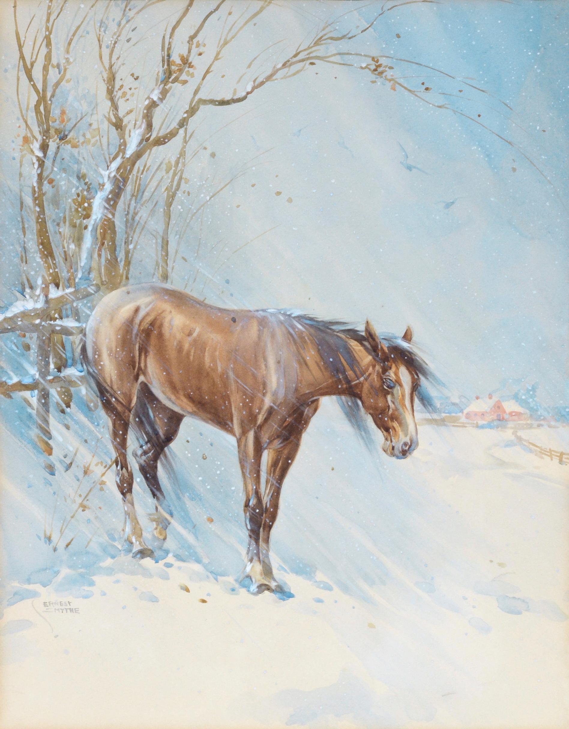 Paysage d'hiver avec cheval au milieu du siècle dernier  - Art de William Ernest Smyth