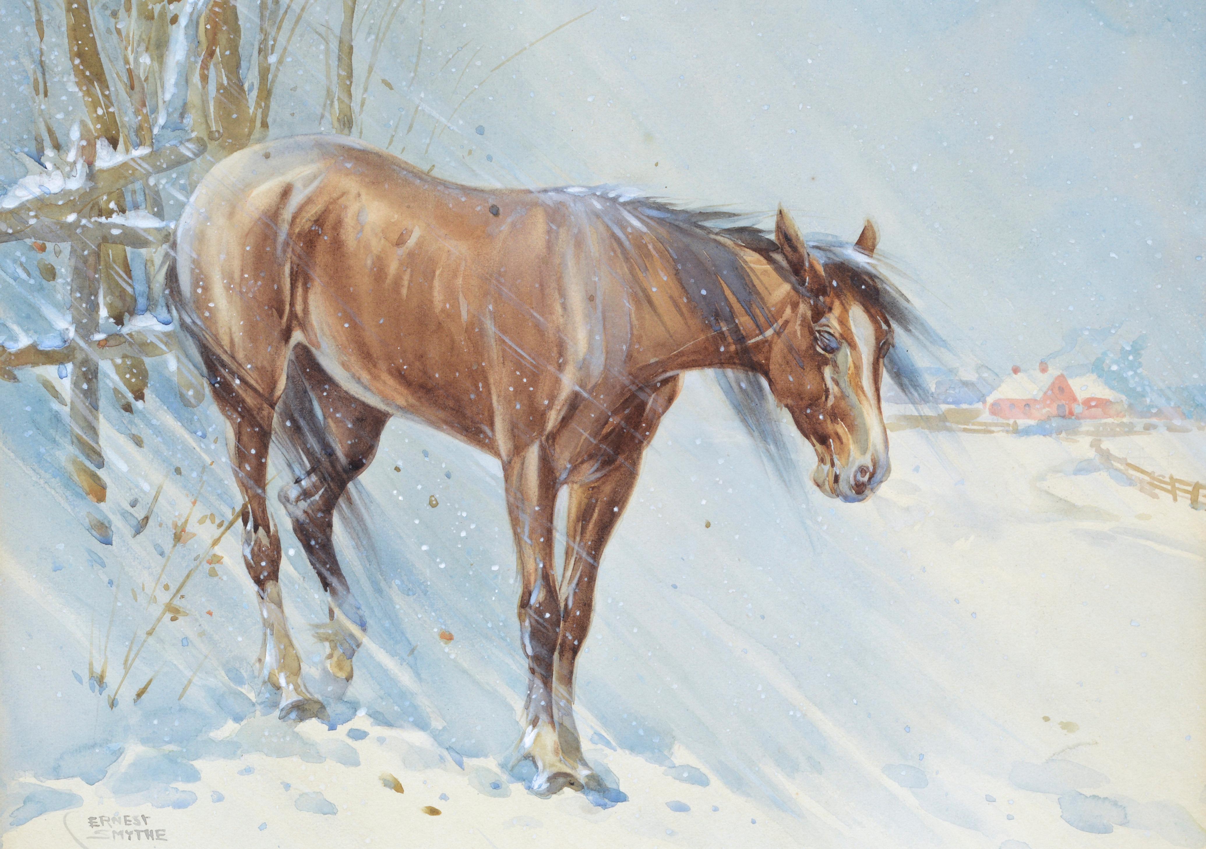 Paysage d'hiver avec cheval au milieu du siècle dernier  - Réalisme Art par William Ernest Smyth