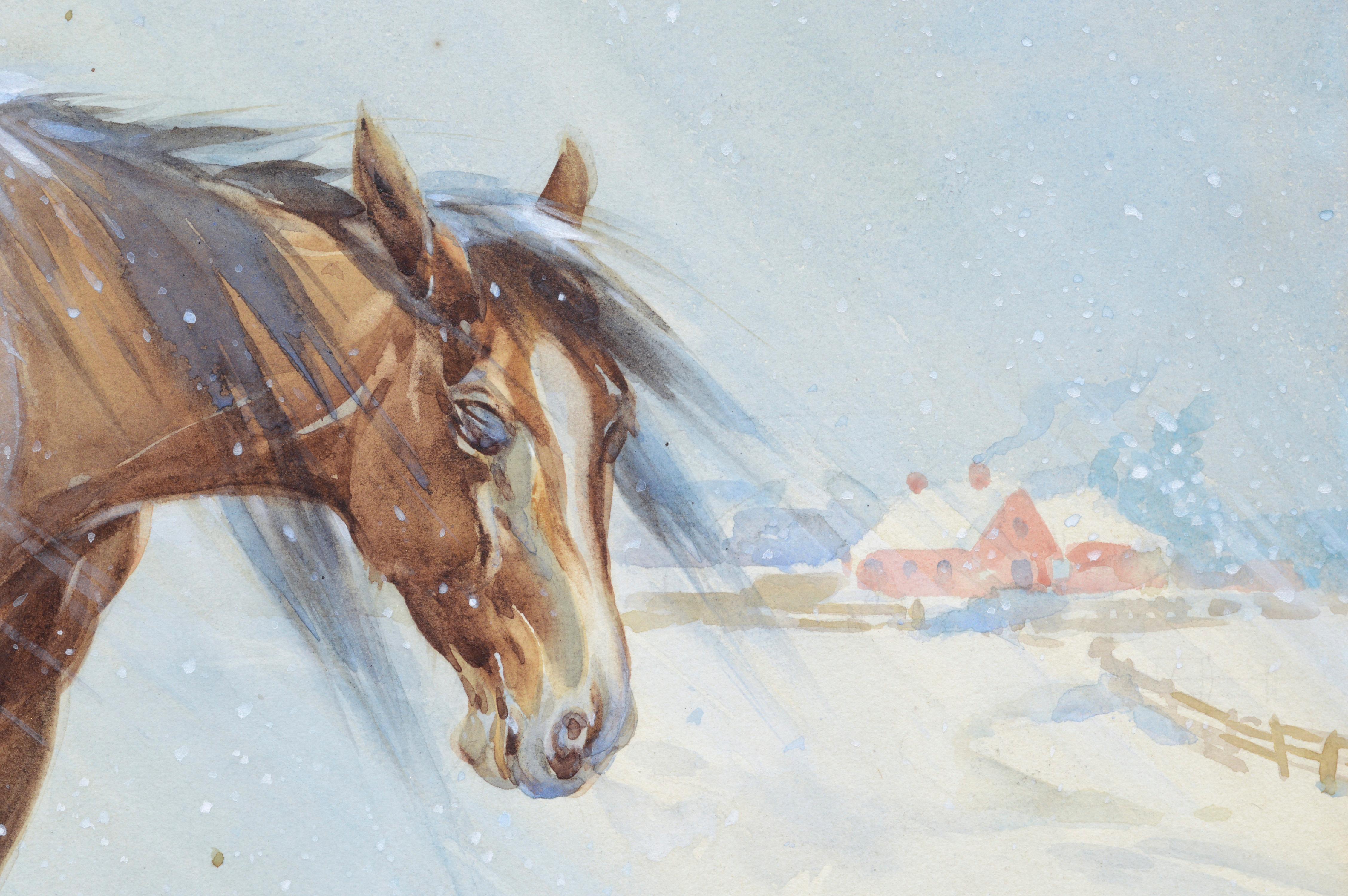 Paysage d'hiver avec cheval au milieu du siècle dernier  - Gris Animal Art par William Ernest Smyth