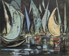 Sail Boat Races Sausalito, Mid Century Modern Abstract Geometric Seascape