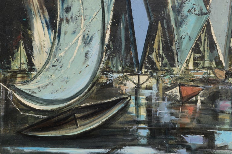  Sail Boat Races Sausalito, Mid Century Modern Abstract Geometric Seascape  - Brown Landscape Painting by Ray Mathewson