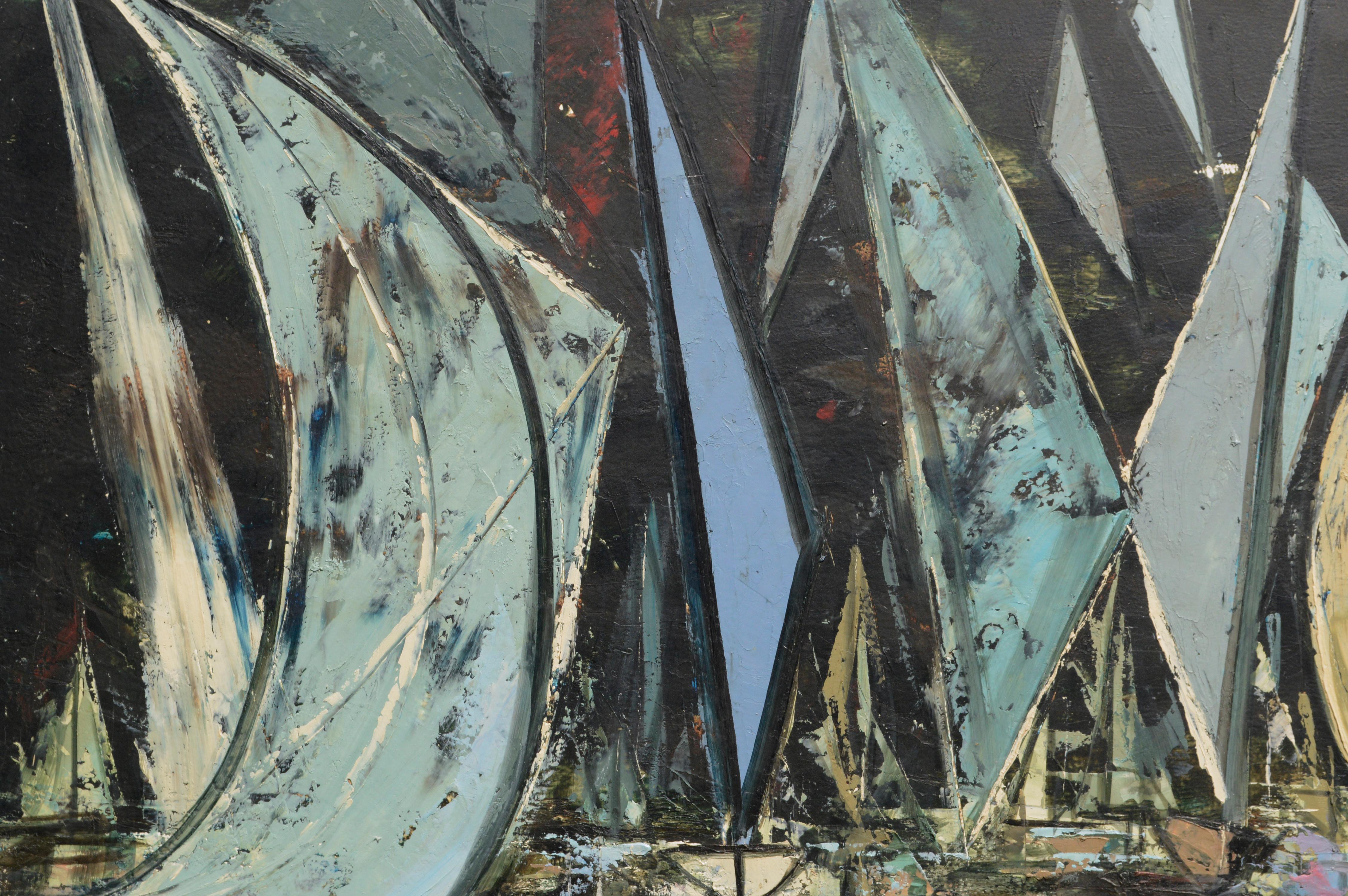  Segelbootrennen Sausalito, Moderne abstrakte geometrische Meereslandschaft aus der Mitte des Jahrhunderts  (Braun), Landscape Painting, von Ray Mathewson